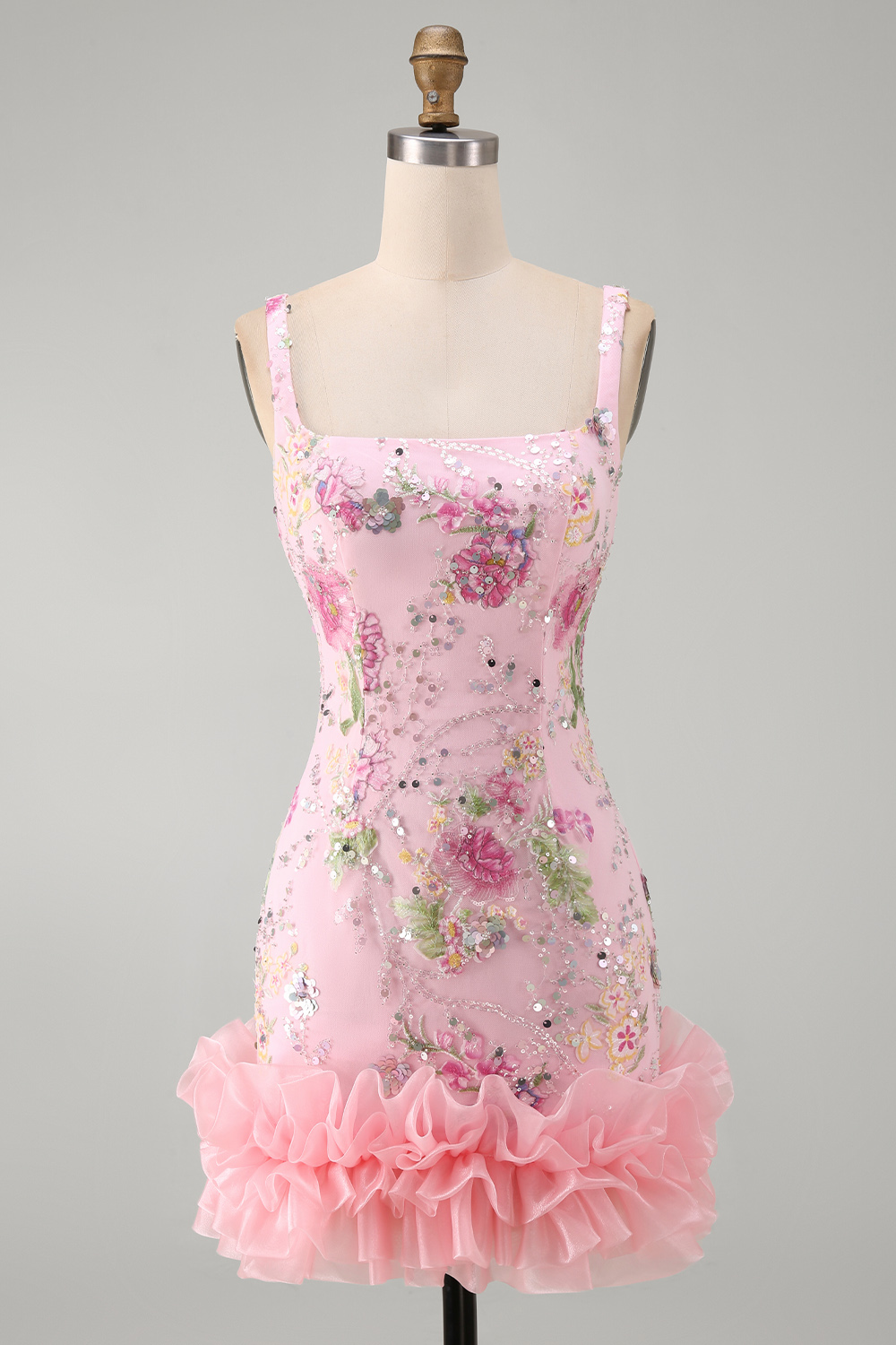 Sparkly Pink Floral Tight Beaded Short Homecoming Dress with Ruffles