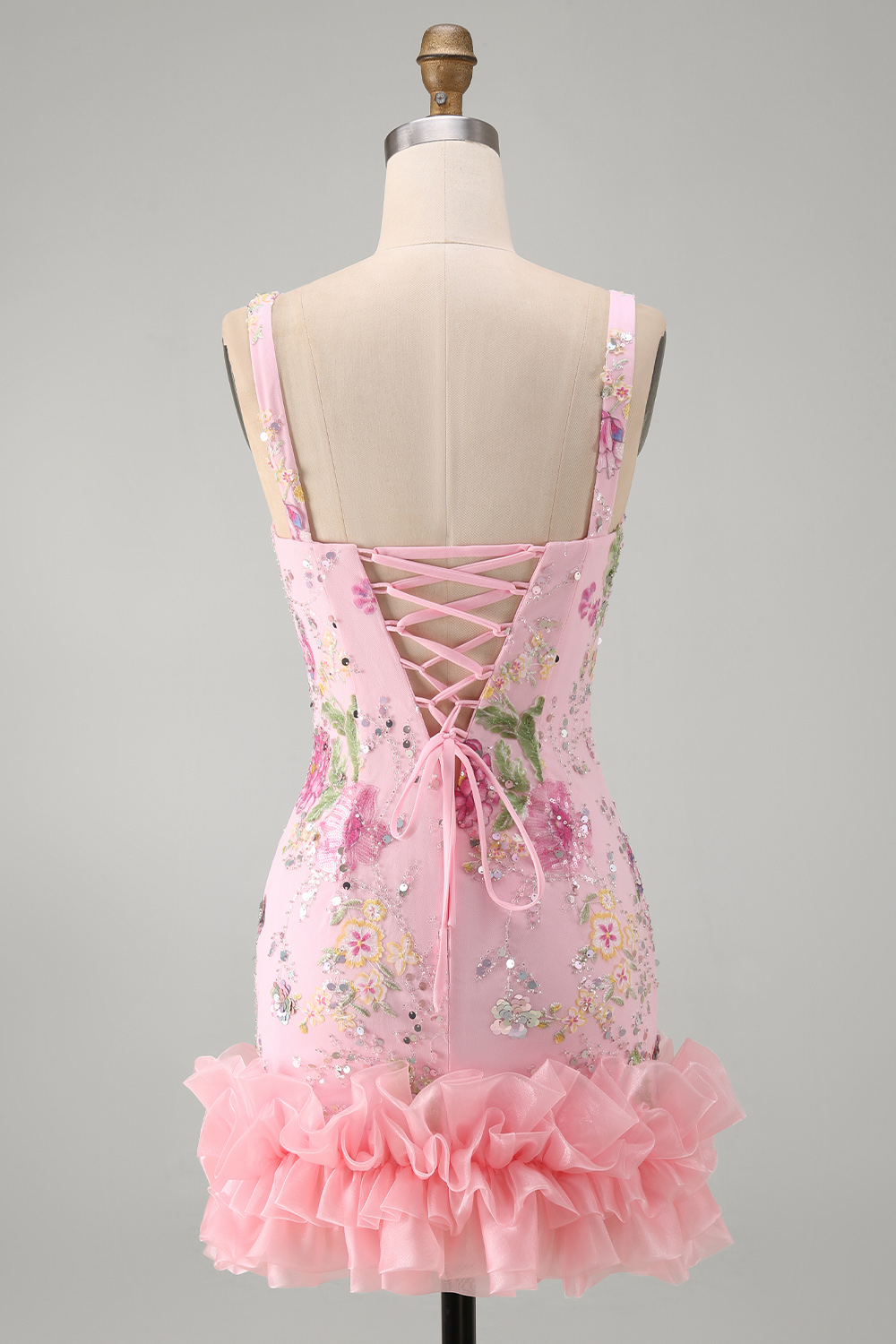 Sparkly Pink Floral Tight Beaded Short Homecoming Dress with Ruffles