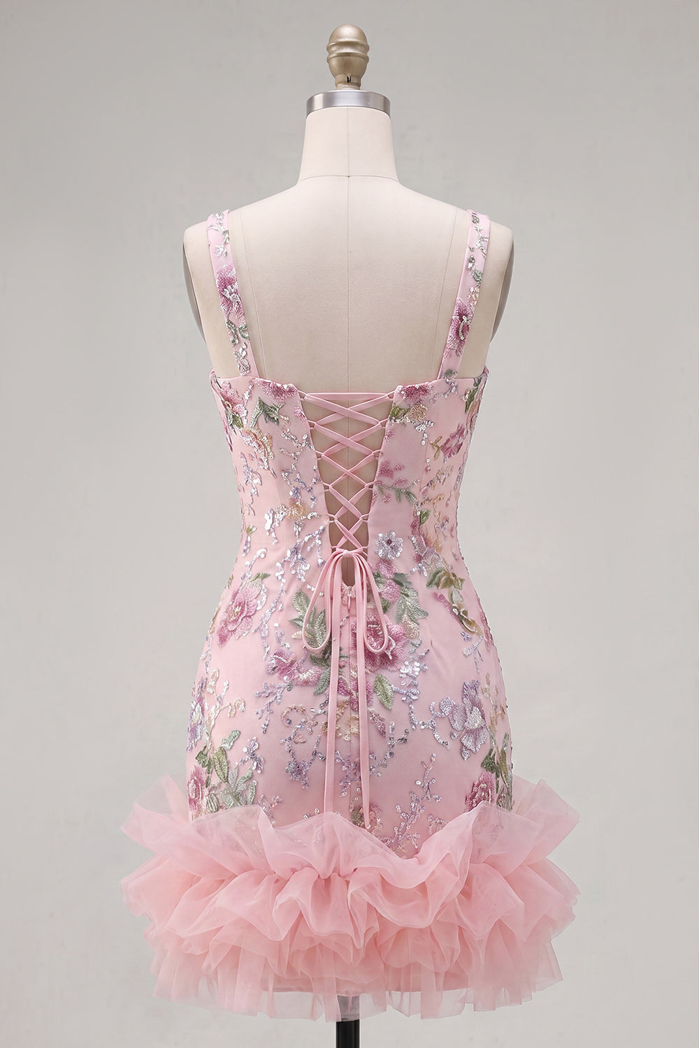 Sparkly Pink Floral Tight Short Beaded Homecoming Dress with Ruffles