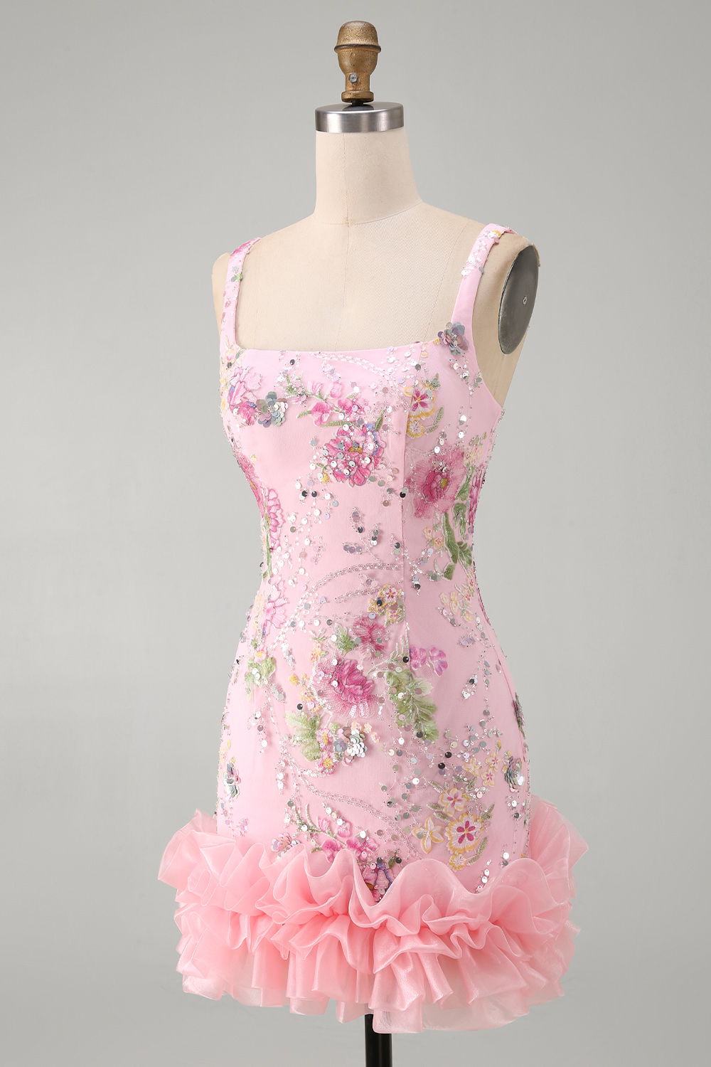 Sparkly Pink Floral Tight Beaded Short Homecoming Dress with Ruffles