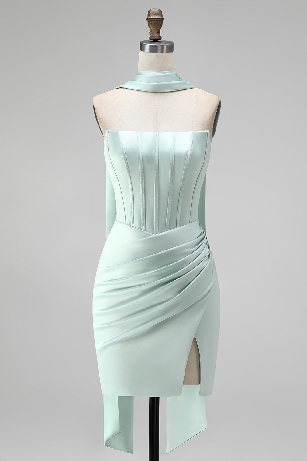 Mint Corset Short Tight Strapless Ruched Homecoming Dress with Slit