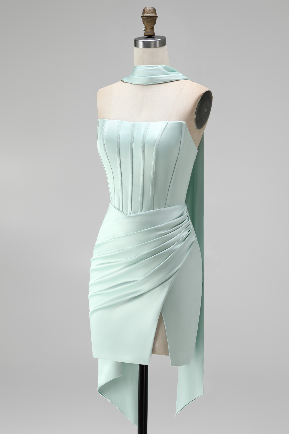 Mint Corset Short Tight Strapless Ruched Homecoming Dress with Slit