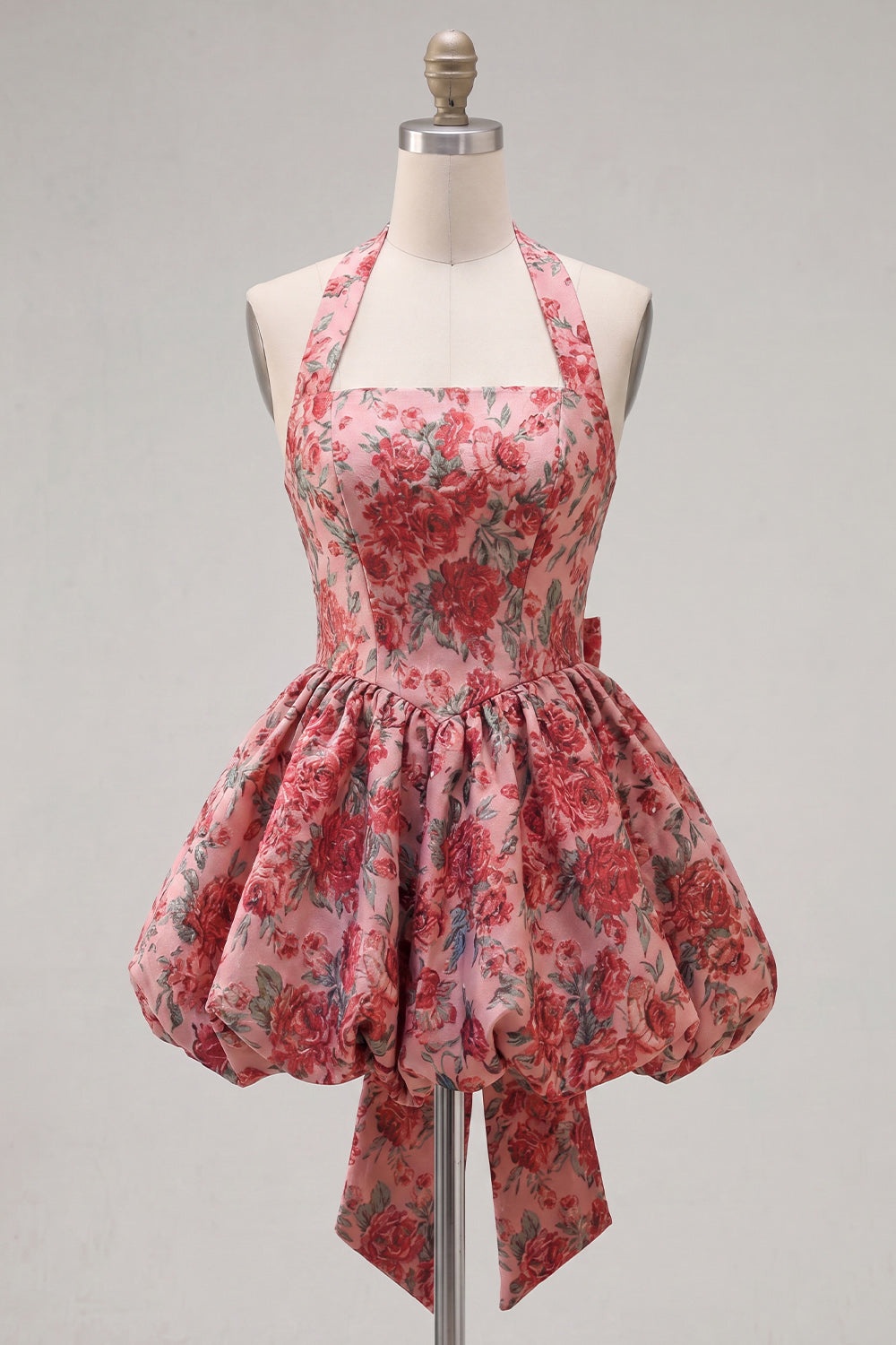 Red Flower Jacquard Halter A Line Short Homecoming Dress with Bow