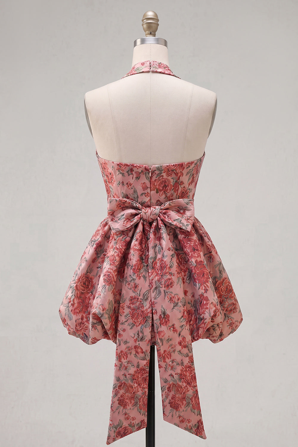 Red Flower Jacquard Halter A Line Short Homecoming Dress with Bow