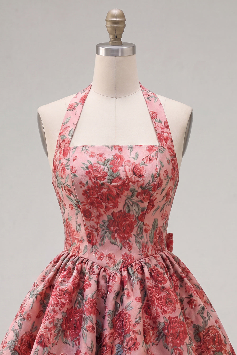 Red Flower Jacquard Halter A Line Short Homecoming Dress with Bow