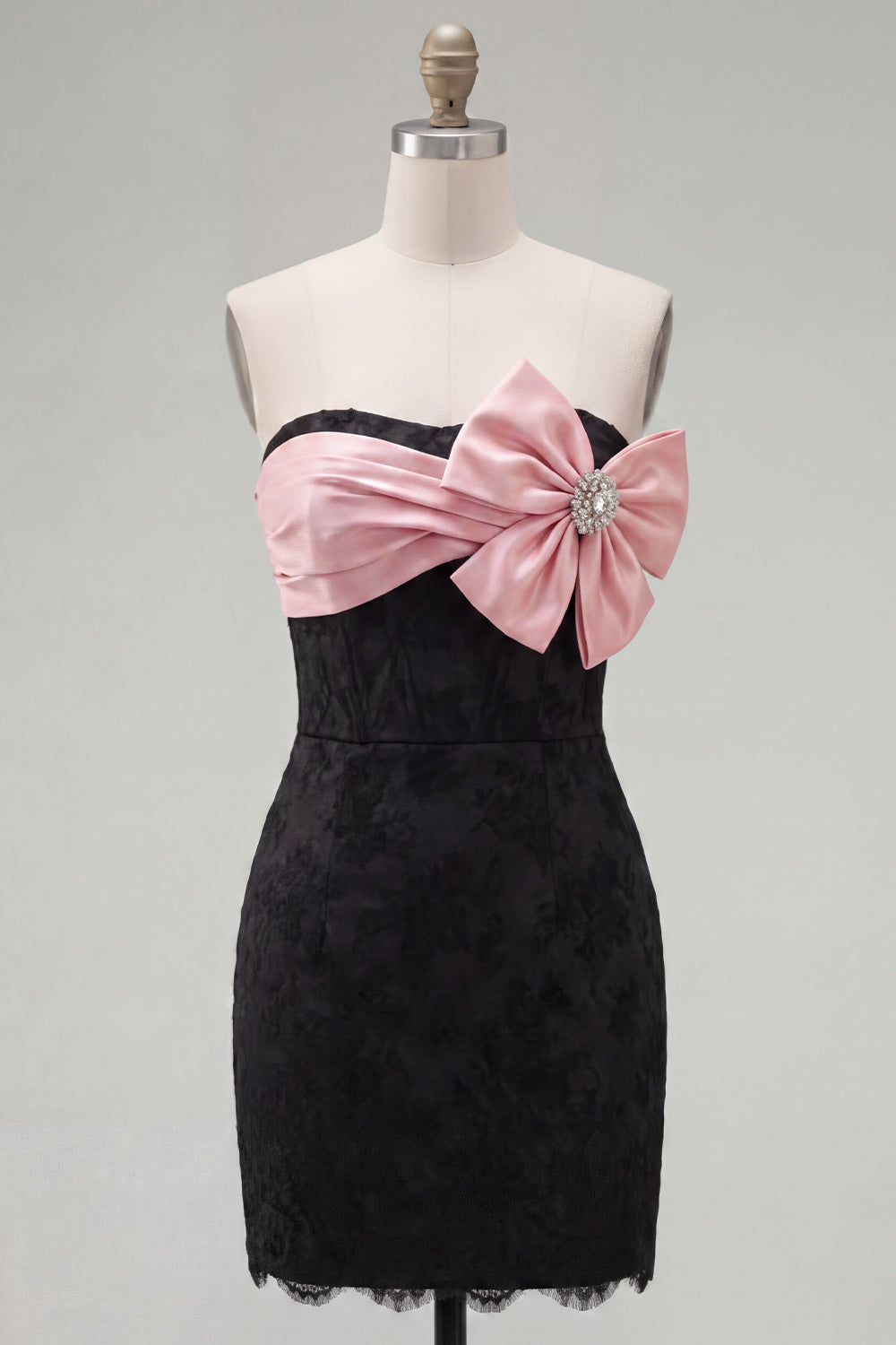 Black Pink Floral Strapless Corset Beaded Tight Short Homecoming Dress with Bow