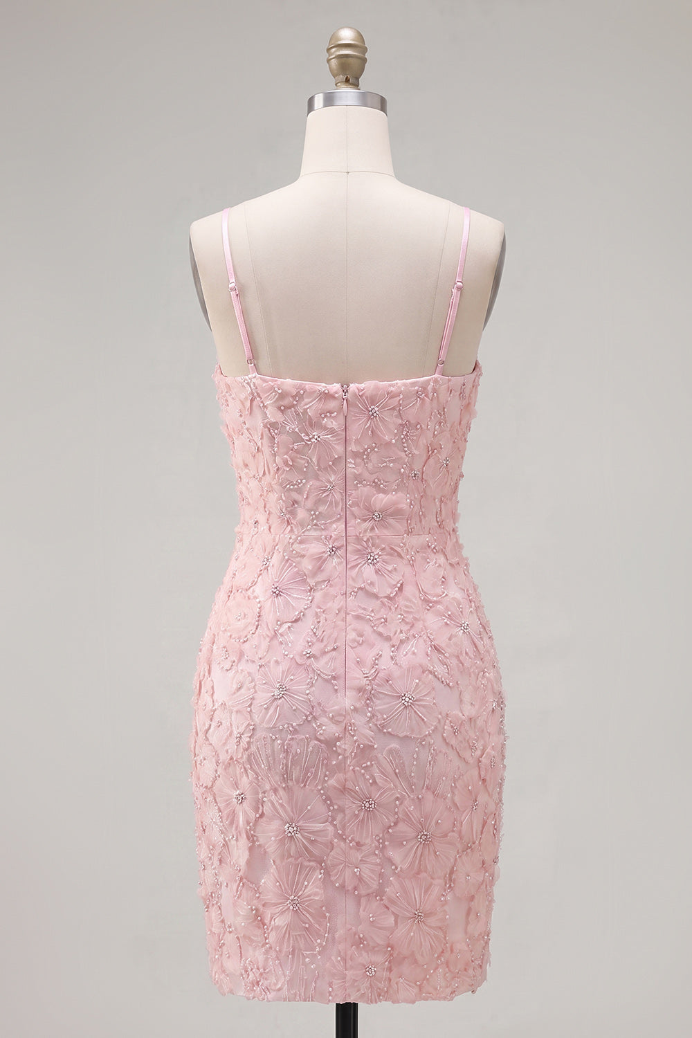 Sparkly Pink Floral Tight Spaghetti Straps Short Homecoming Dress with Pearls