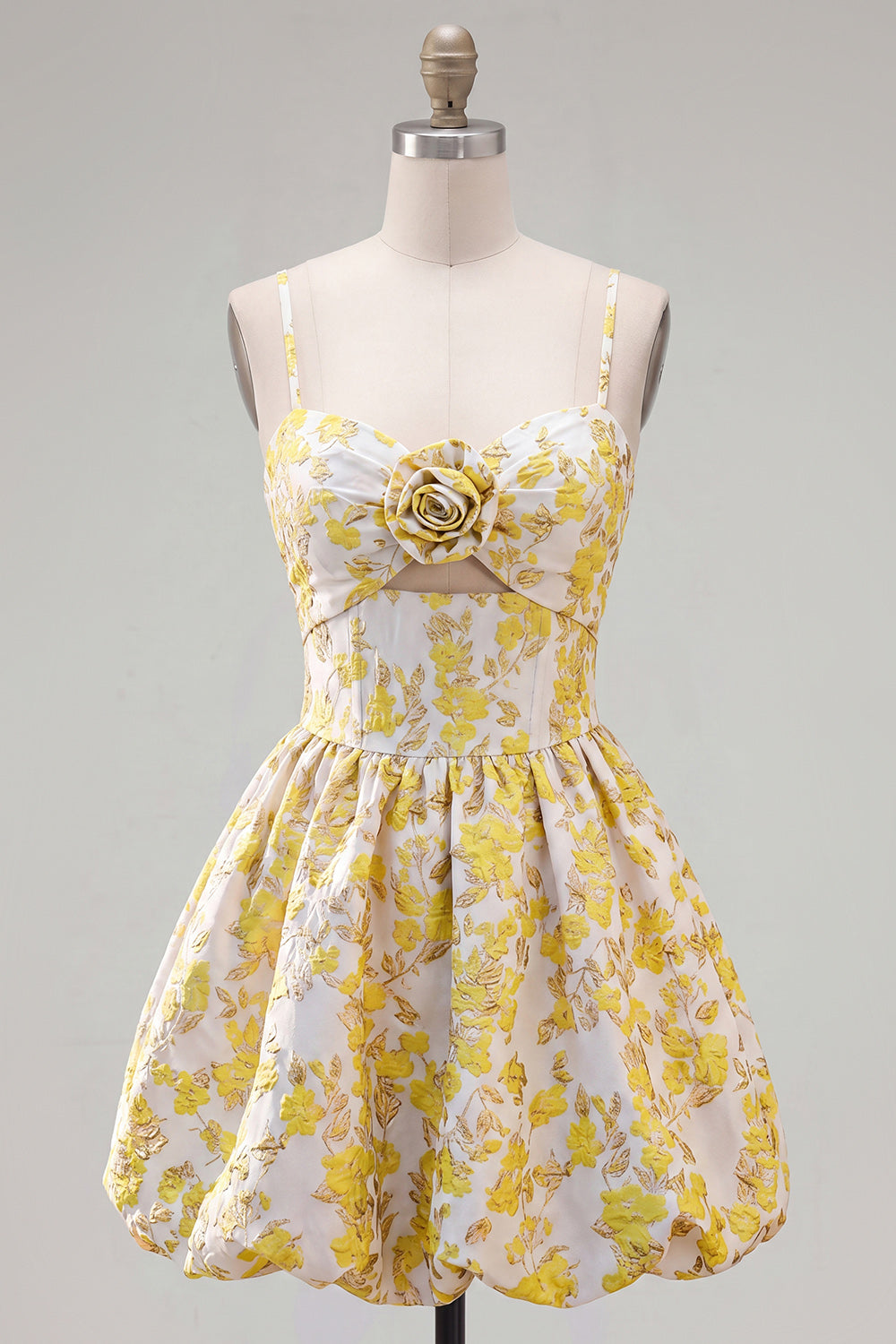 Butter Yellow Floral A Line Short Keyhole Homecoming Dress with 3D Flower