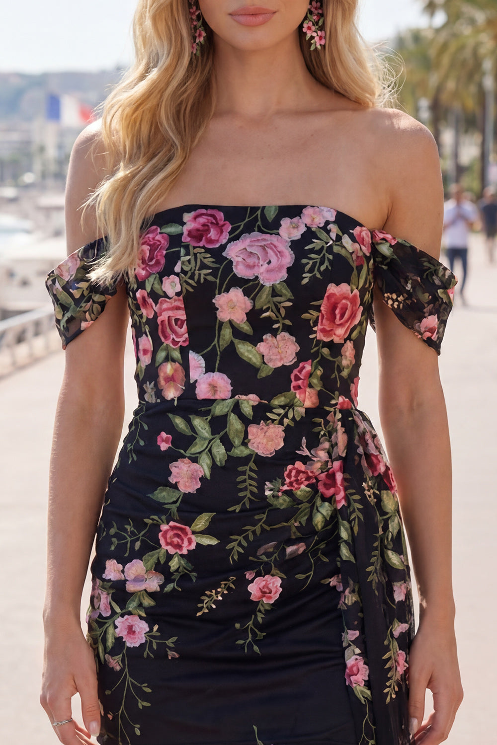 Green Floral Off the Shoulder Tight Short Homecoming Dress with Sash