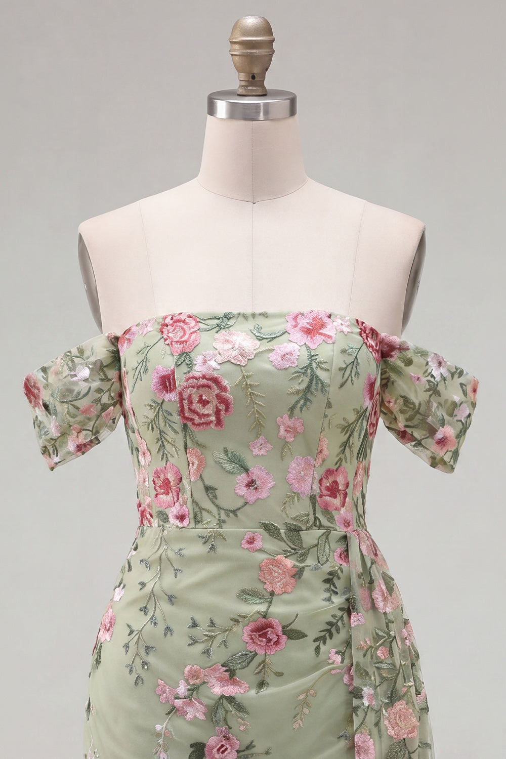 Green Floral Off the Shoulder Tight Short Homecoming Dress with Sash