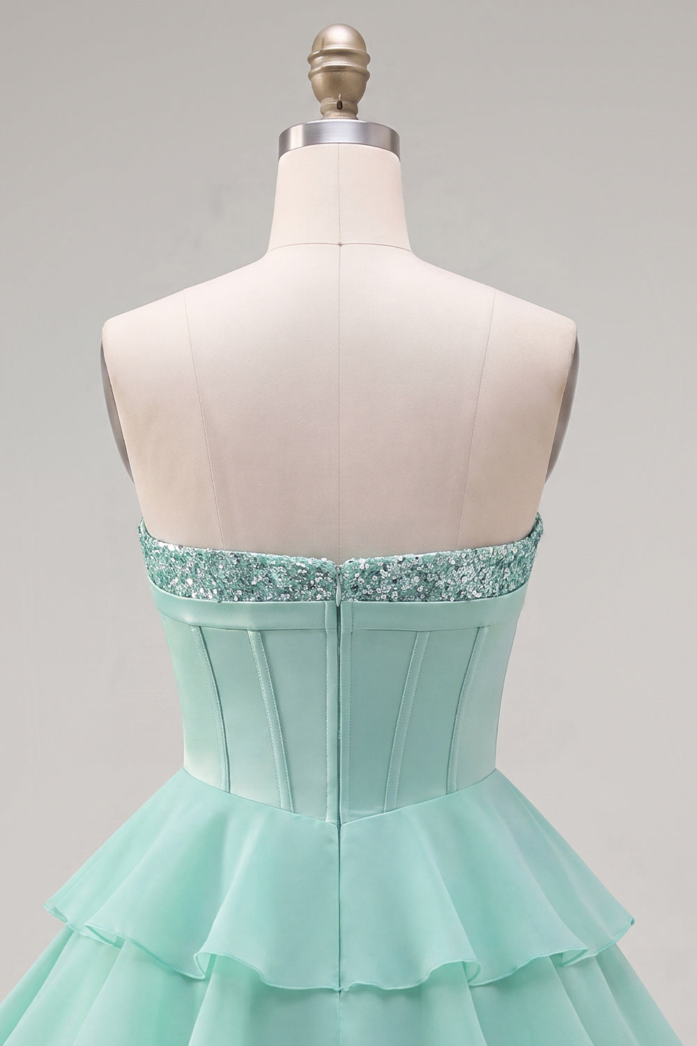 Mint Corset A Line Strapless Beaded Short Homecoming Dress with Ruffles
