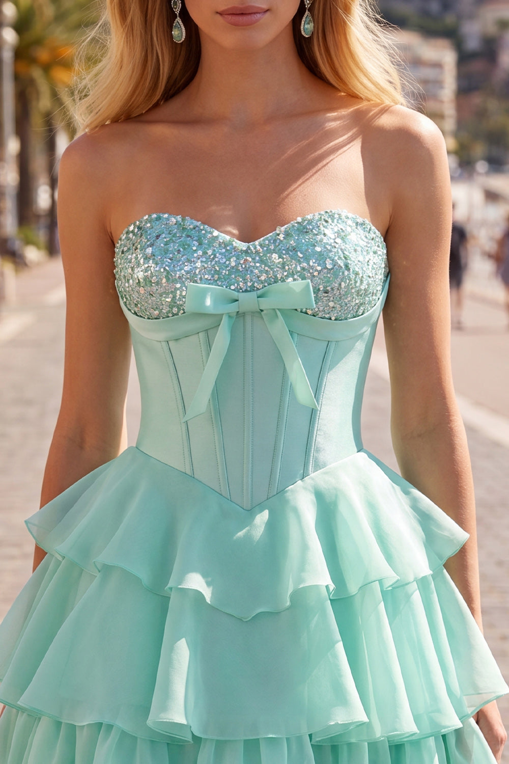 Mint Corset A Line Strapless Beaded Short Homecoming Dress with Ruffles