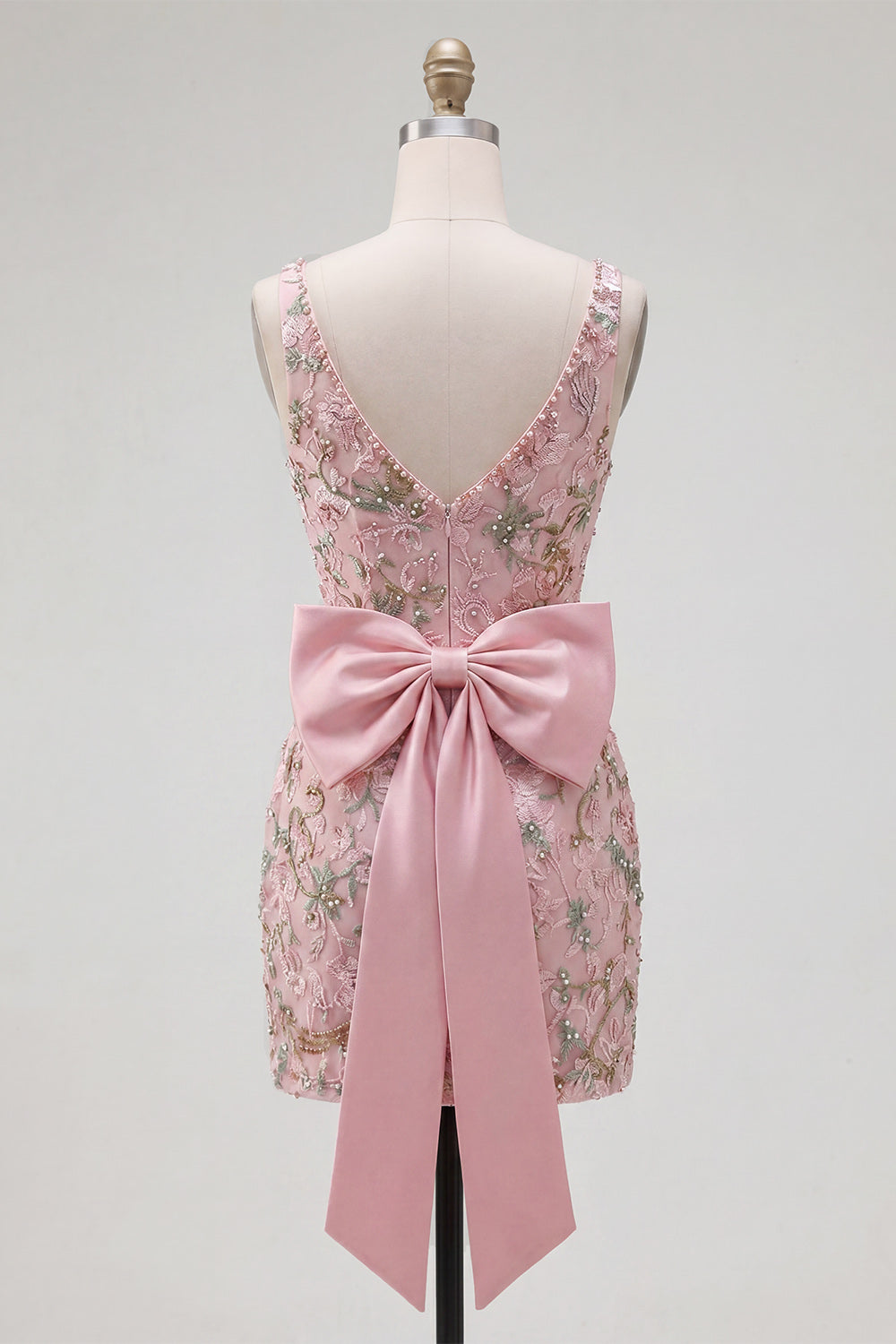 Sparkly Pink Floral V-Neck Beaded Tight Short Homecoming Dress with Bow