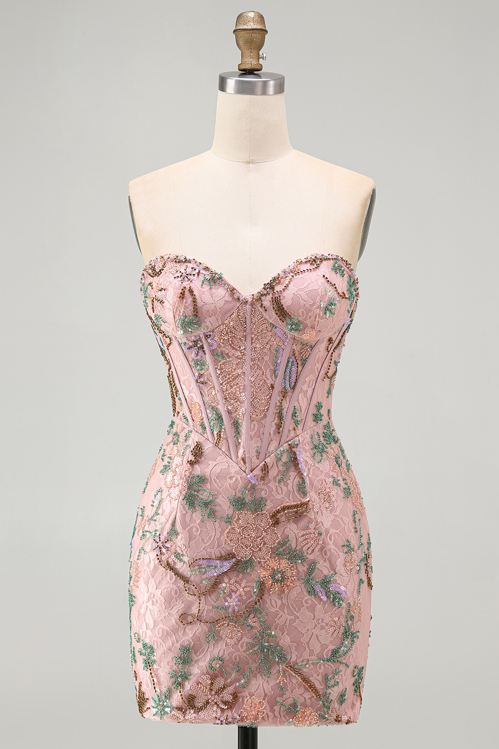Sparkly Pink Floral Corset Tight Short Beaded Homecoming Dress