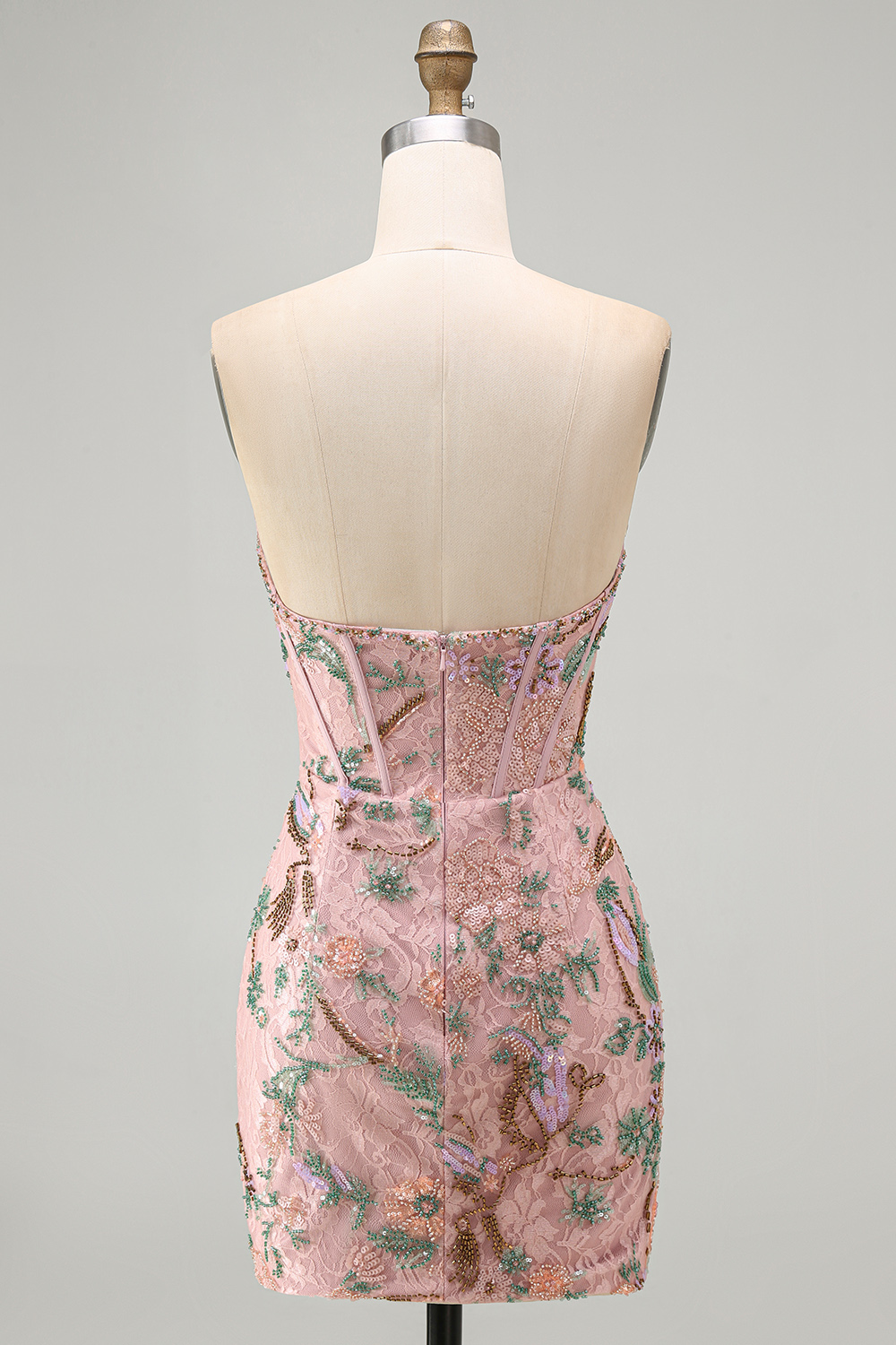 Sparkly Pink Floral Corset Tight Short Beaded Homecoming Dress