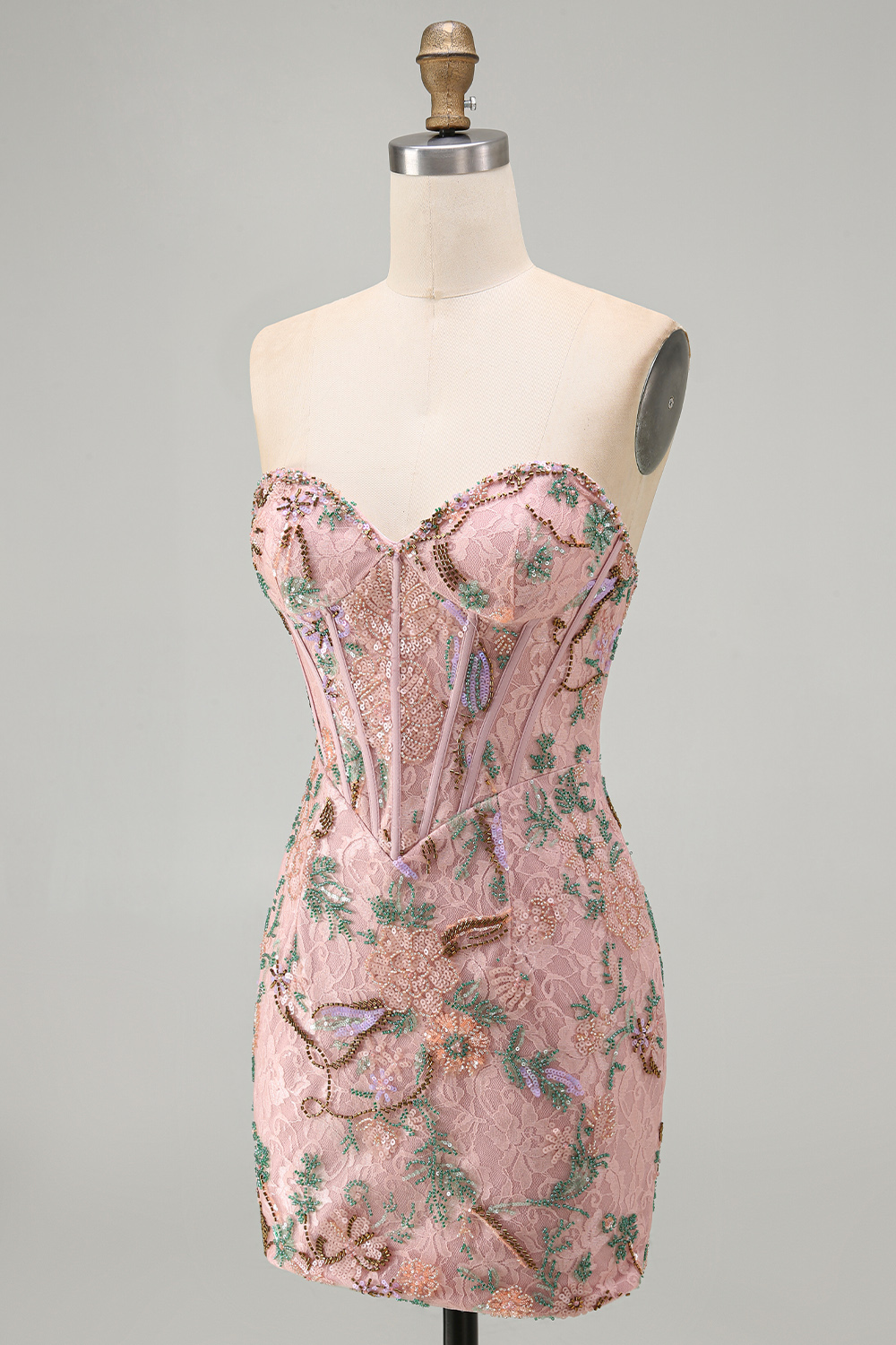 Sparkly Pink Floral Corset Tight Short Beaded Homecoming Dress