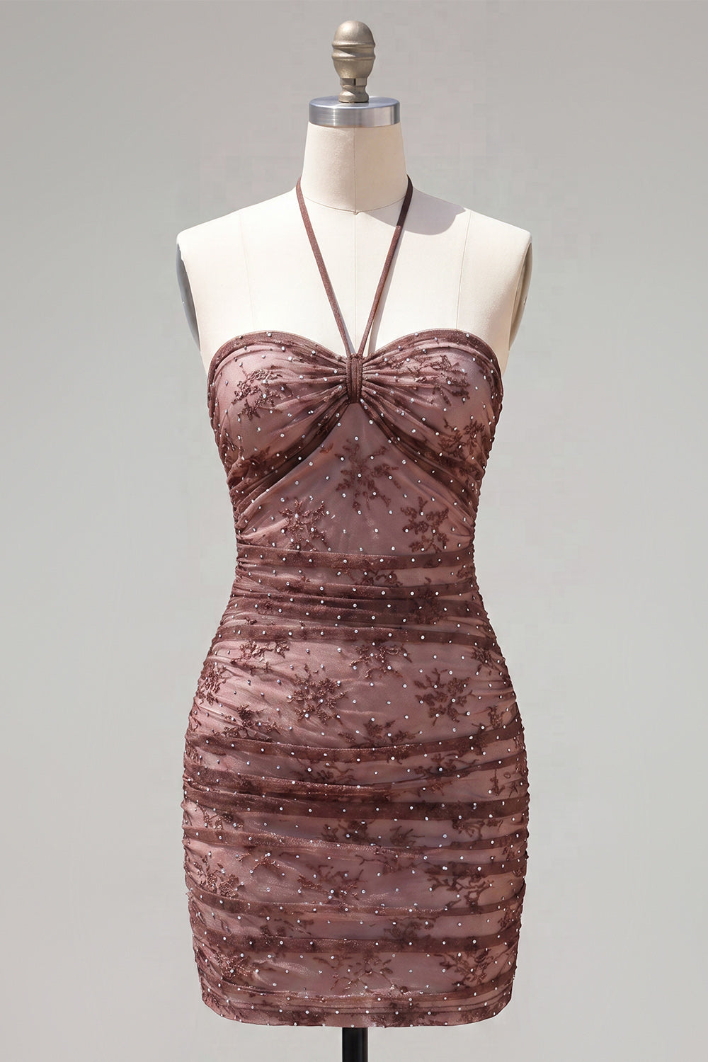 Chocolate Ruched Halter Tight Short Homecoming Dress with Beading