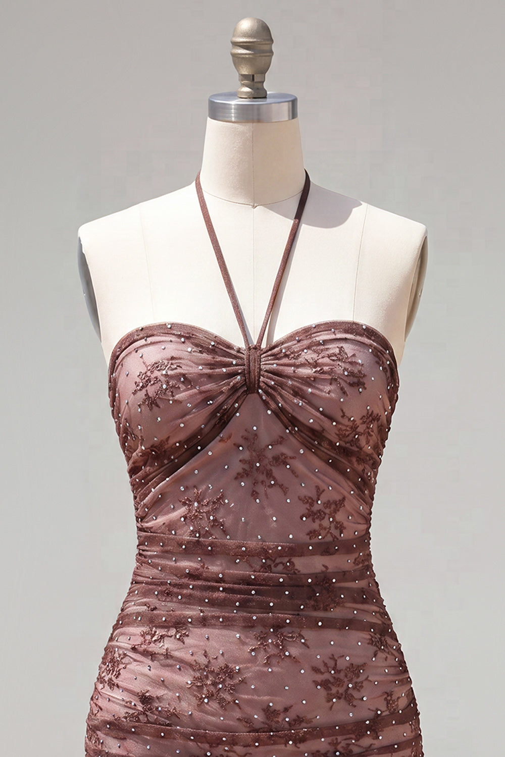 Chocolate Ruched Halter Tight Short Homecoming Dress with Beading