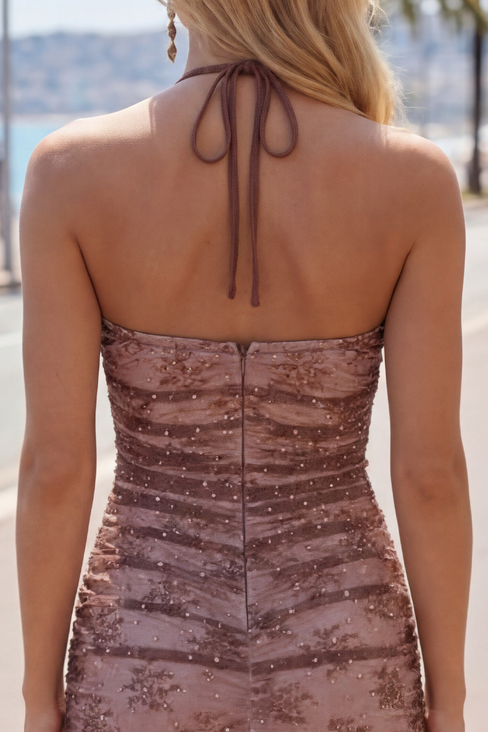 Chocolate Ruched Halter Tight Short Homecoming Dress with Beading