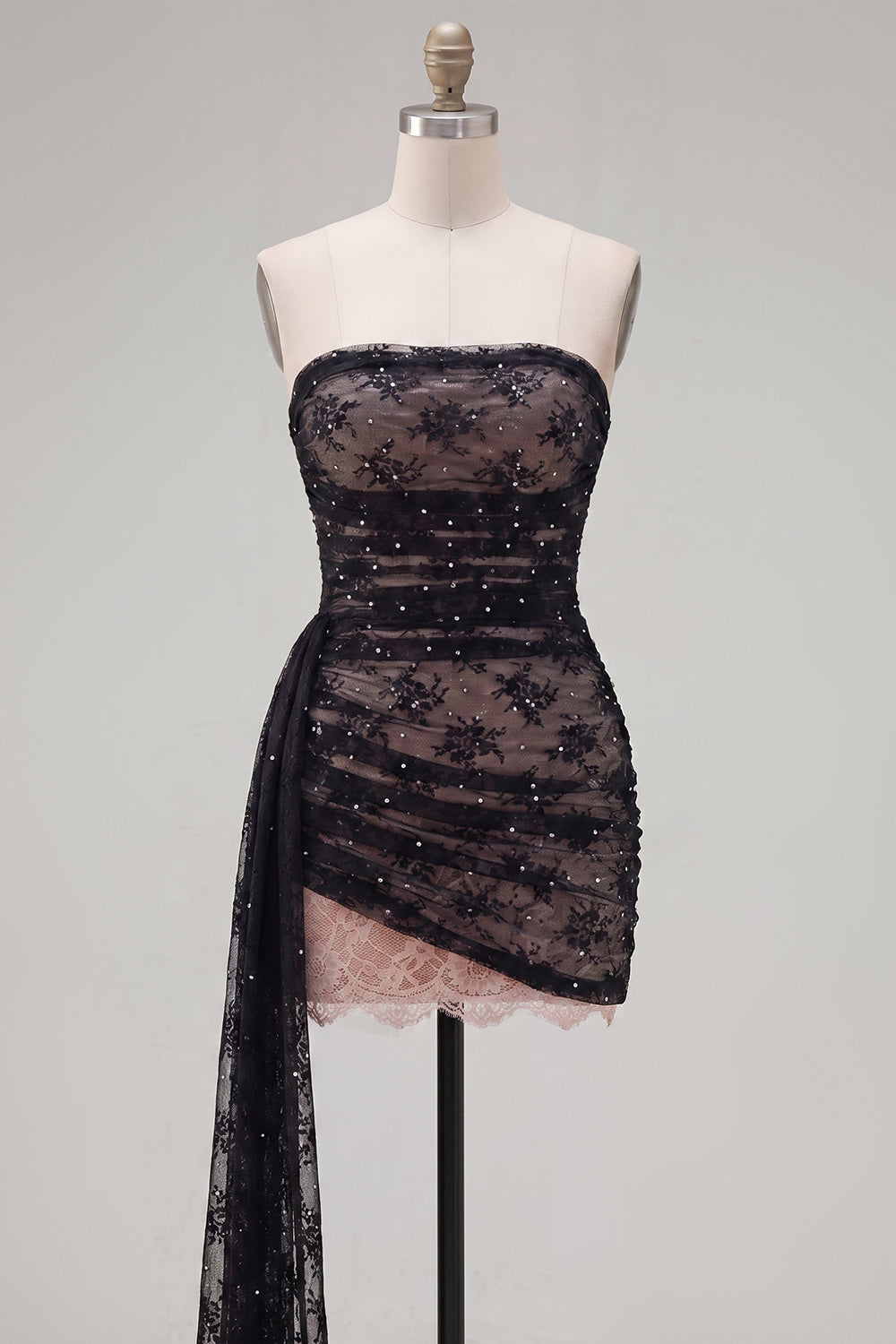Black Tight Strapless Beaded Short Homecoming Dress with Sash