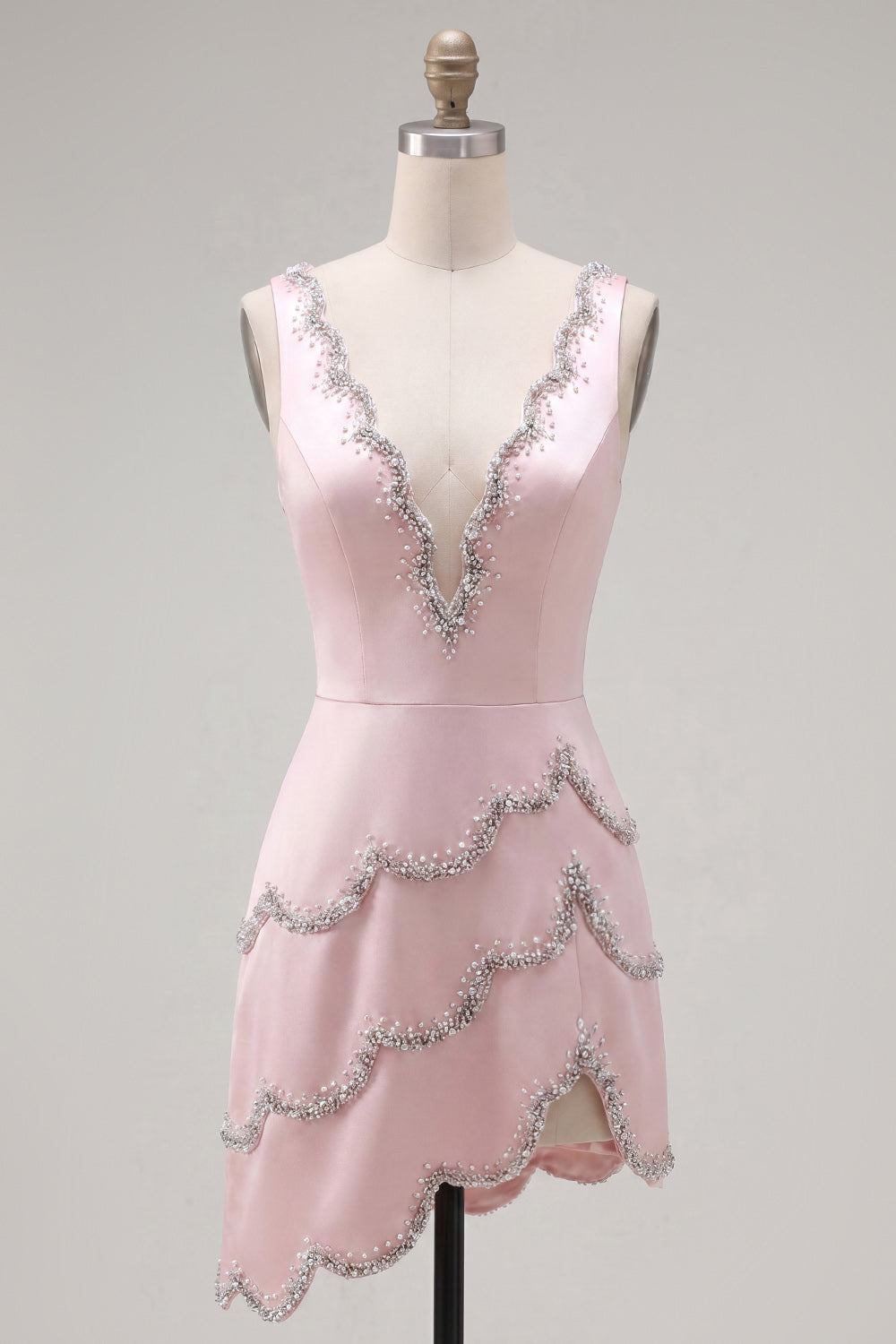 Sparkly Pink A Line V-Neck Short Homecoming Dress with Beading