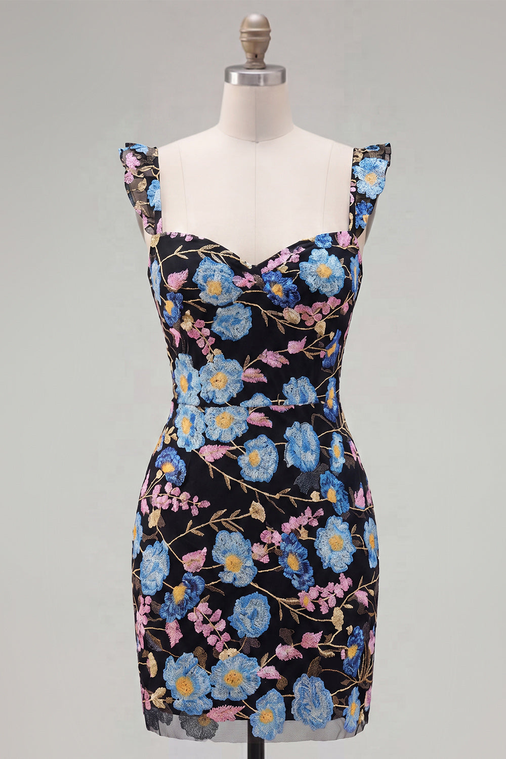 Sparkly Black Floral Tight Beaded Short Homecoming Dress