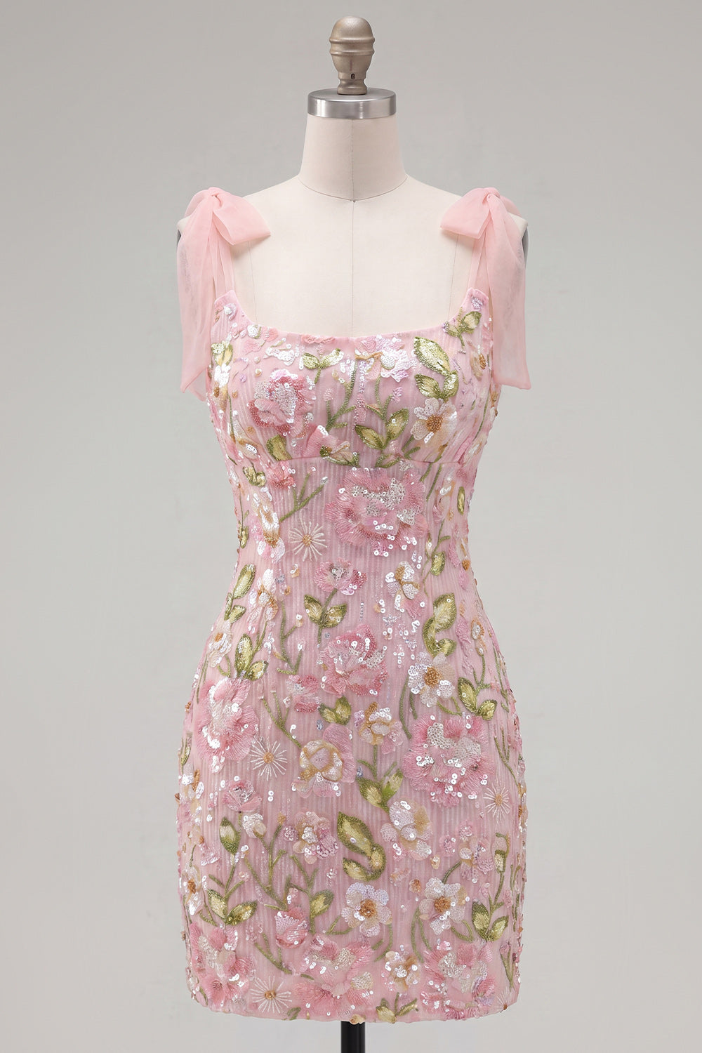 Sparkly Pink Floral Tight Beaded Short Homecoming Dress with Bows