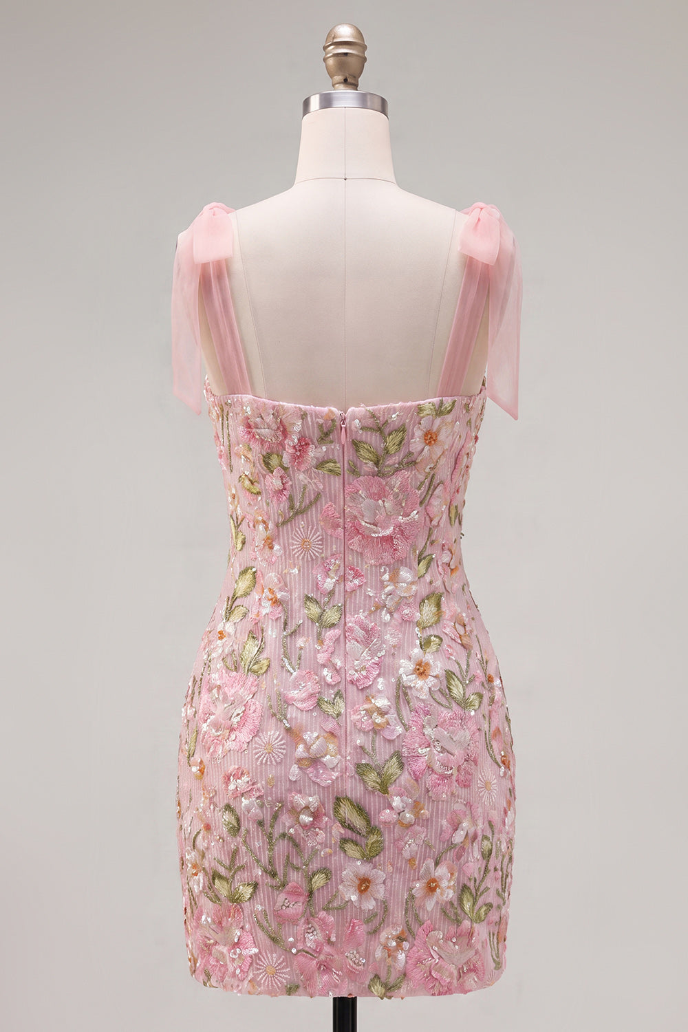 Sparkly Pink Floral Tight Beaded Short Homecoming Dress with Bows