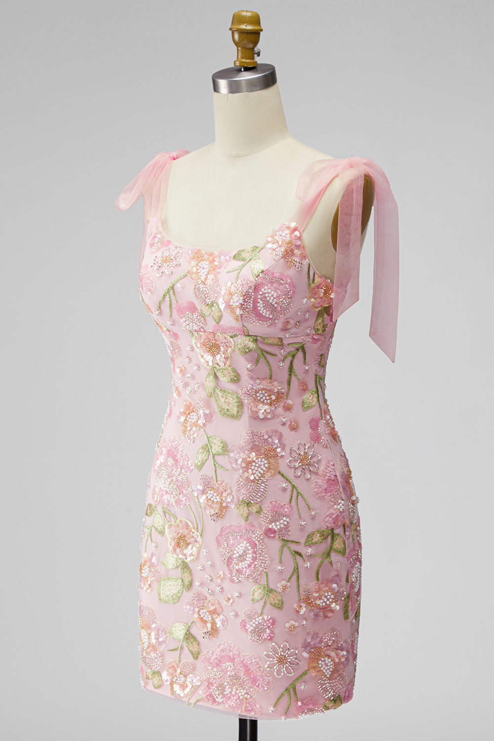Sparkly Pink Floral Tight Beaded Short Homecoming Dress with Bows