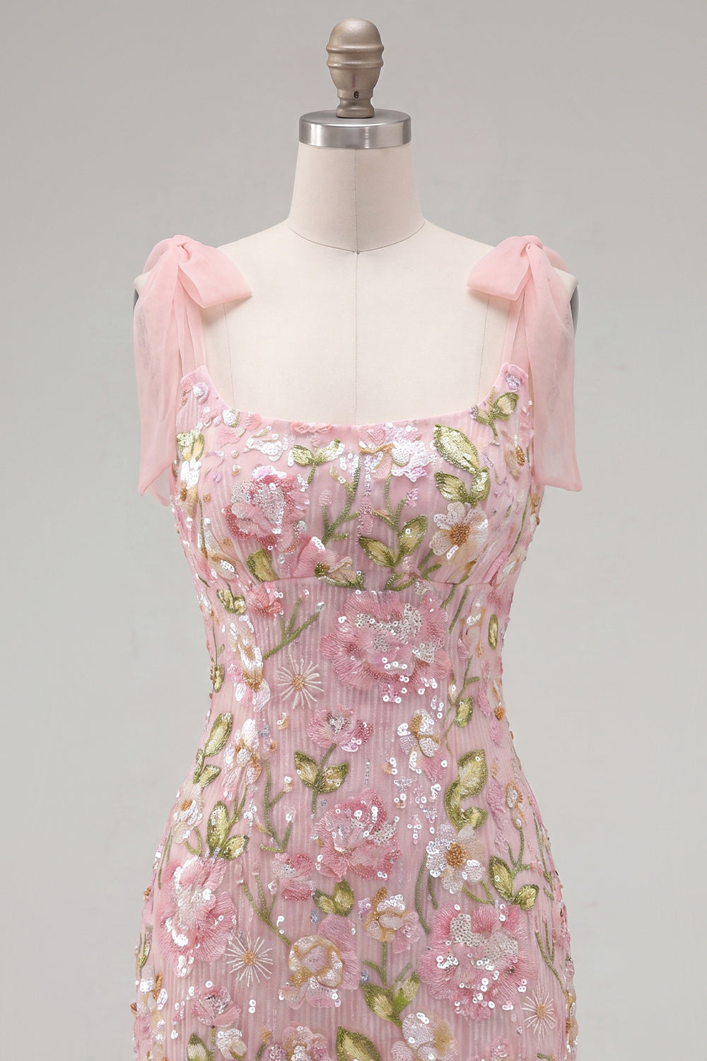Sparkly Pink Floral Tight Beaded Short Homecoming Dress with Bows
