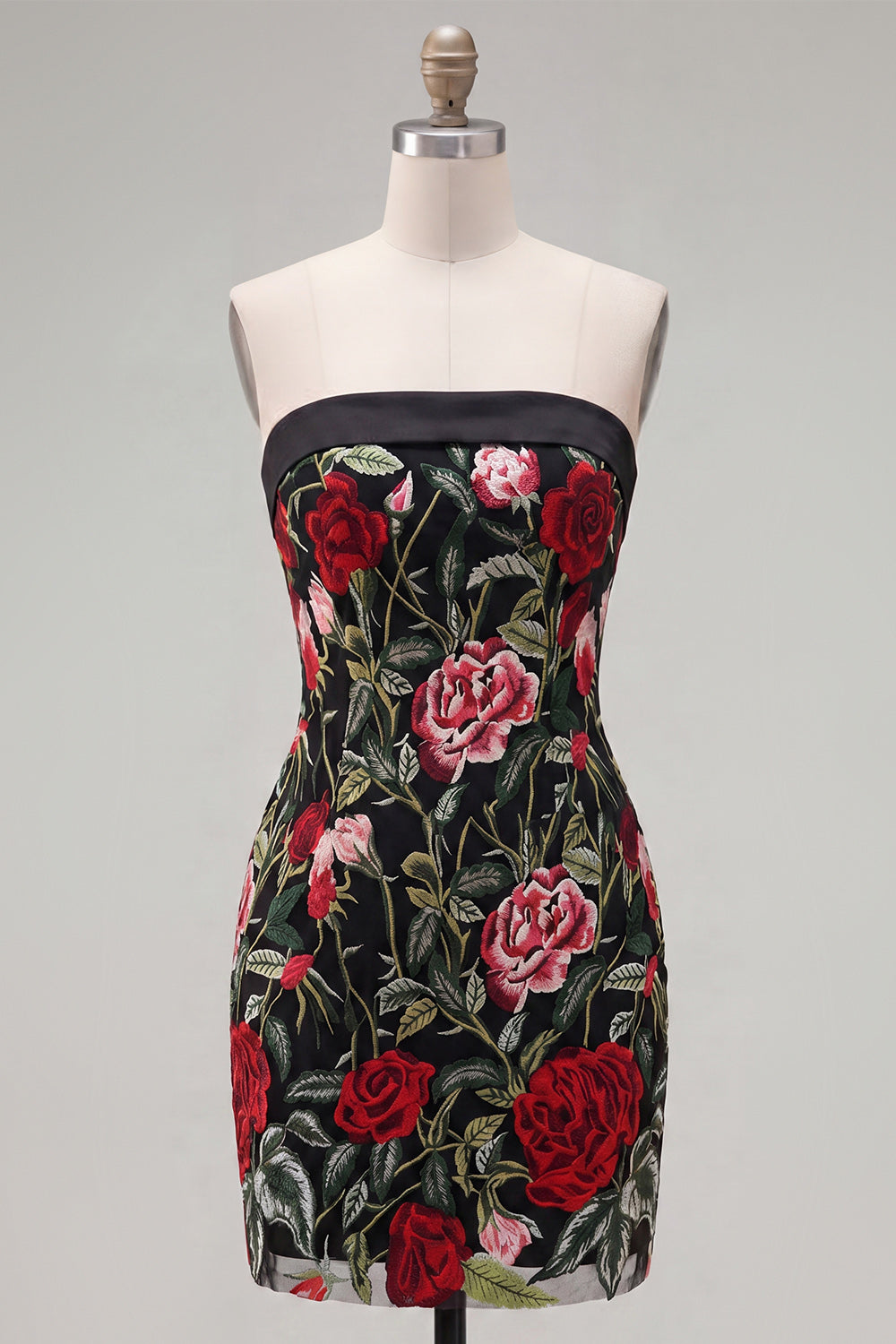 Black Red Flower Strapless Tight Short Homecoming Dress