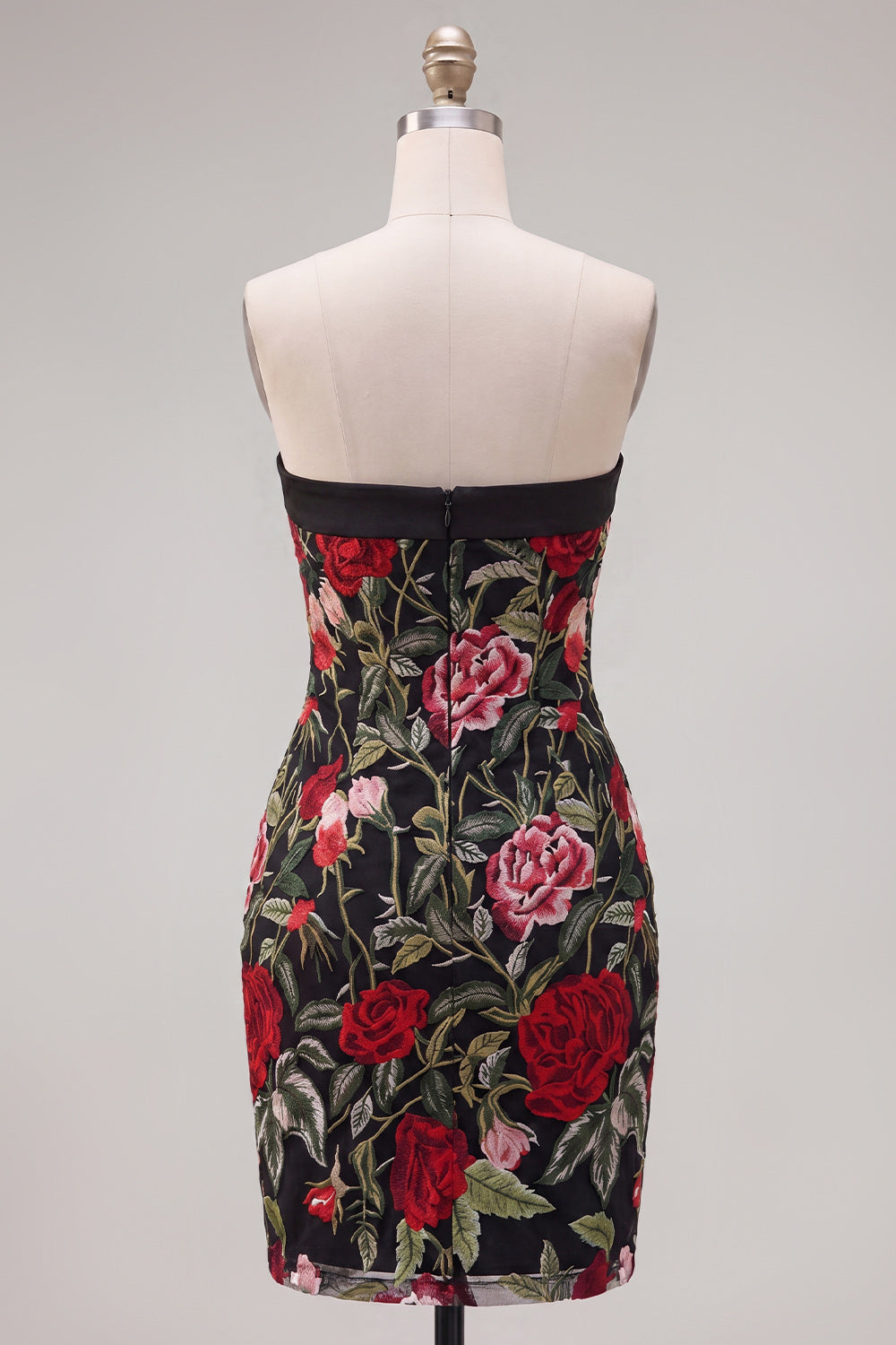 Black Red Flower Strapless Tight Short Homecoming Dress