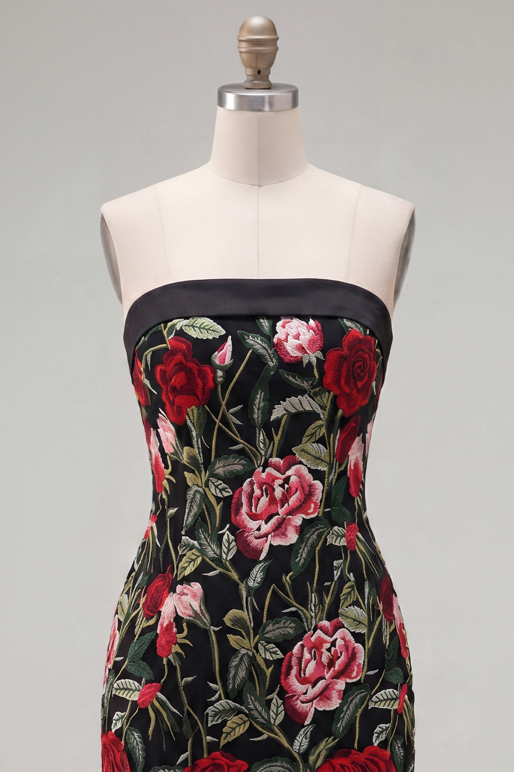 Black Red Flower Strapless Tight Short Homecoming Dress