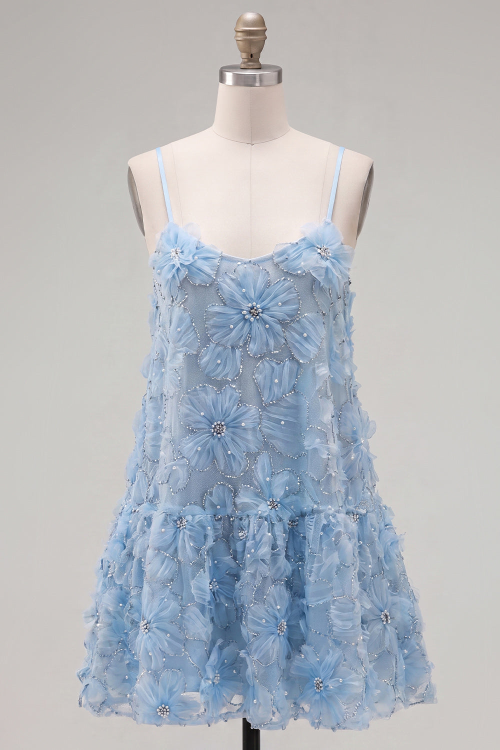 Sparkly Pink Floral Spaghetti Straps A Line Short Beaded Homecoming Dress