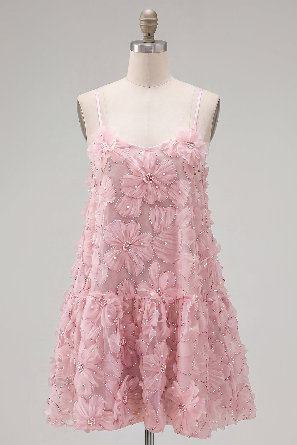 Sparkly Pink Floral Spaghetti Straps A Line Short Beaded Homecoming Dress
