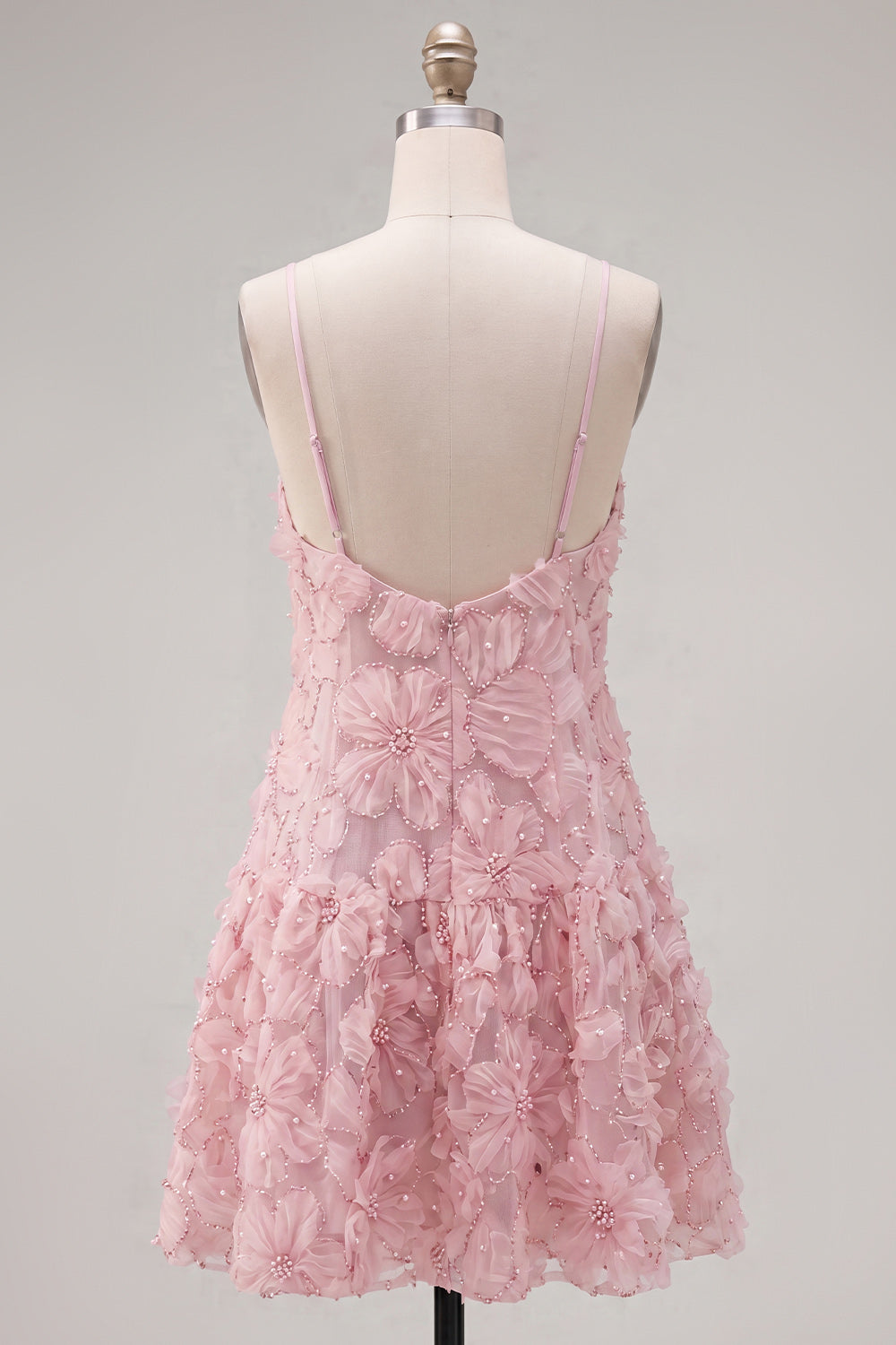 Sparkly Pink Floral Spaghetti Straps A Line Short Beaded Homecoming Dress