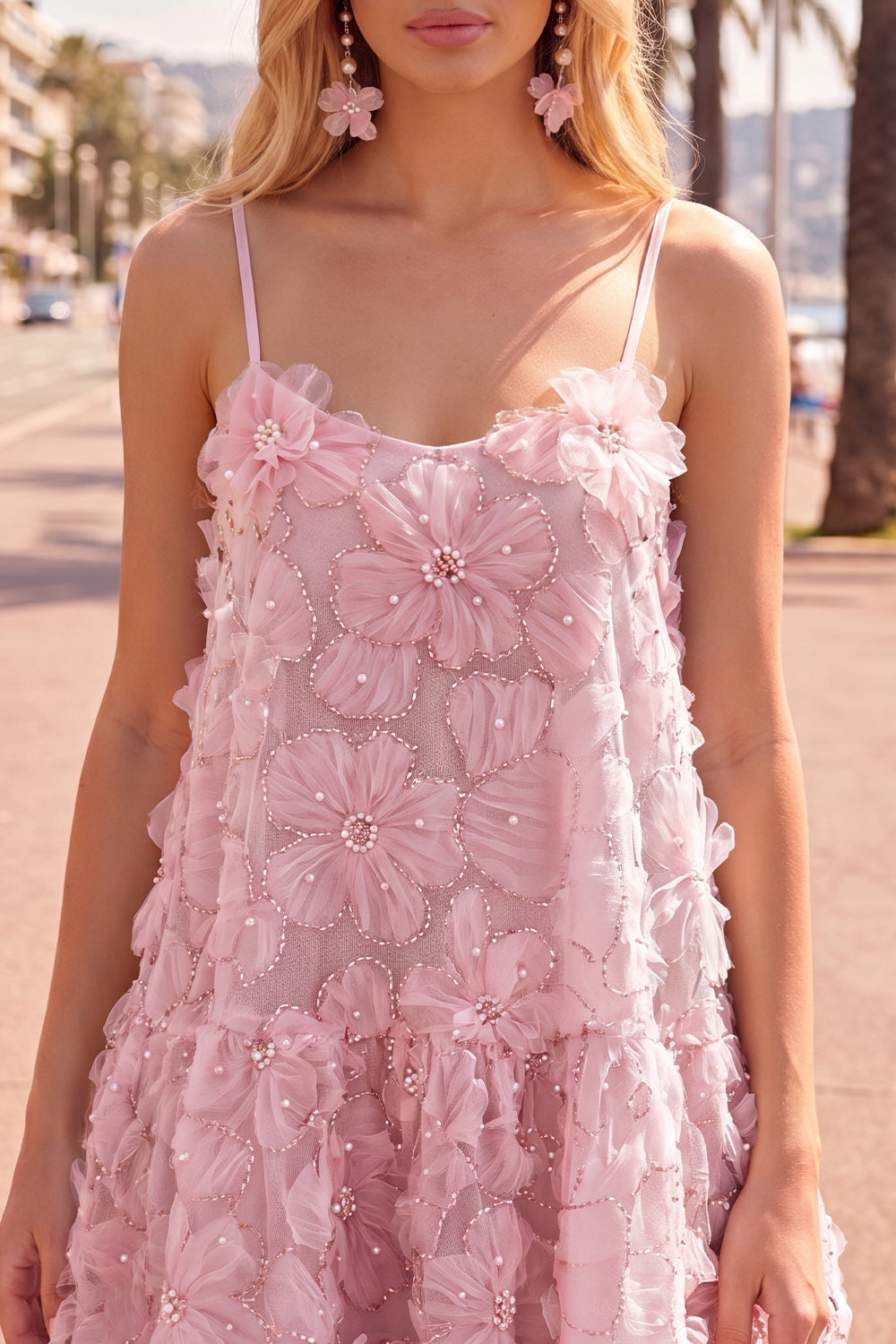 Sparkly Pink Floral Spaghetti Straps A Line Short Beaded Homecoming Dress