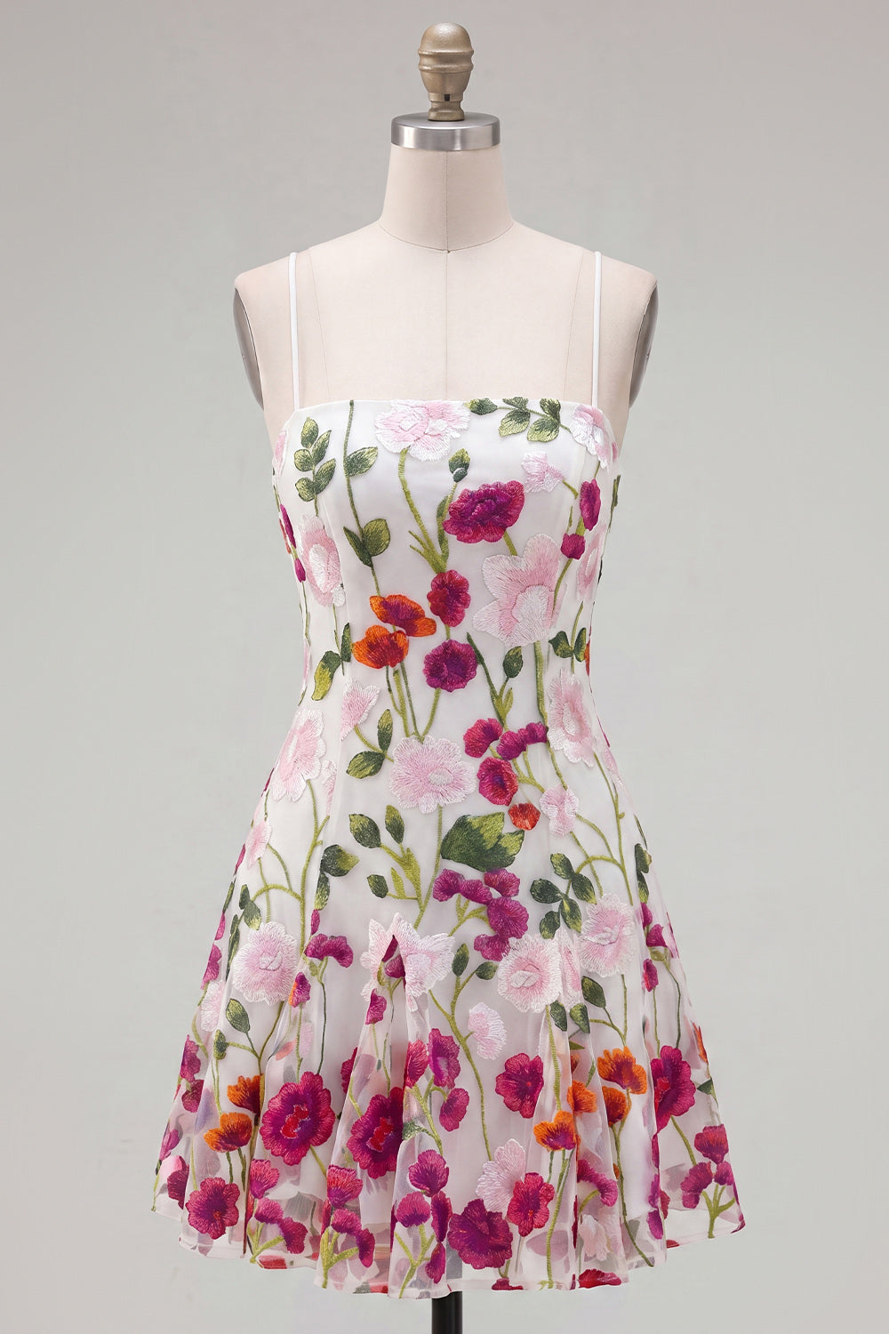 Pink Red Flower Spaghetti Straps A Line Short Homecoming Dress
