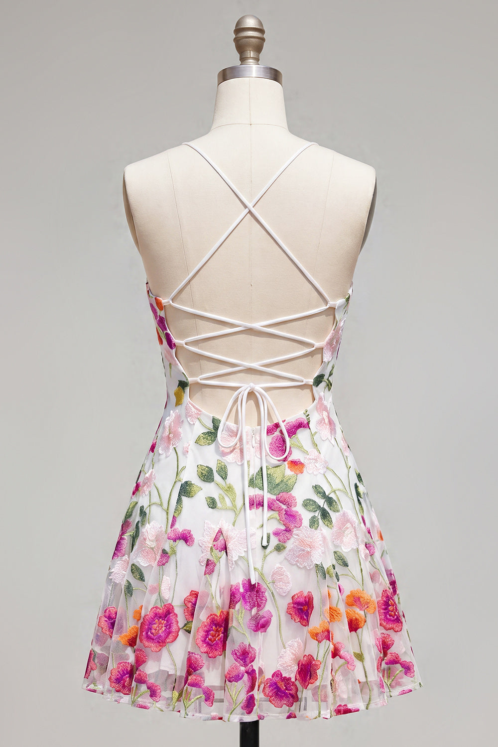 Pink Red Flower Spaghetti Straps A Line Short Homecoming Dress