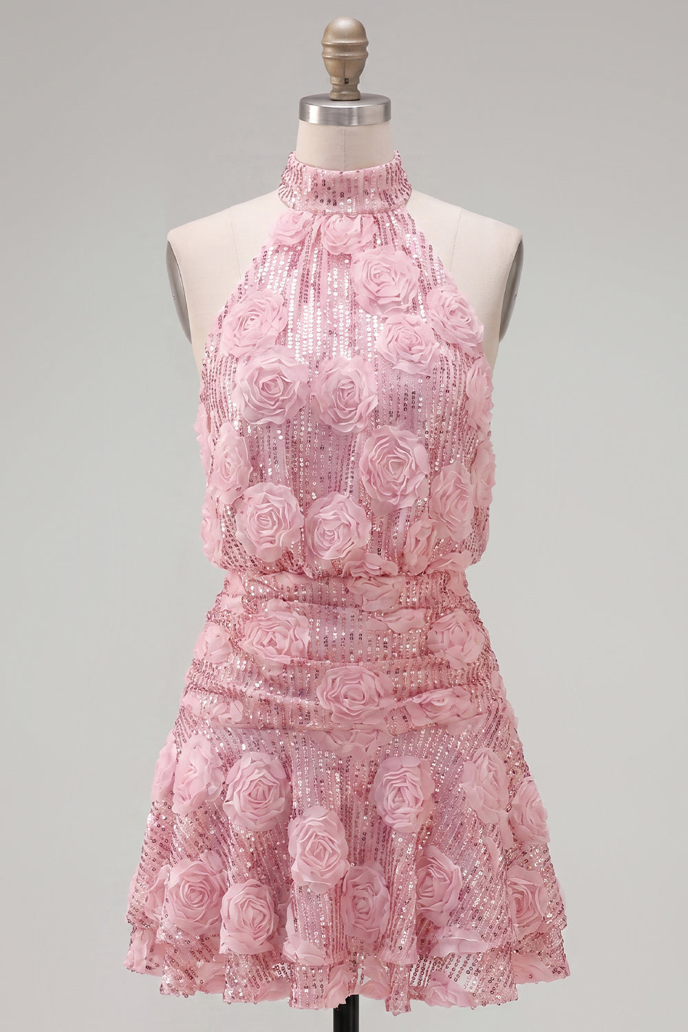 Sparkly Pink Sequin A Line Floral Short Homecoming Dress with Ruffles
