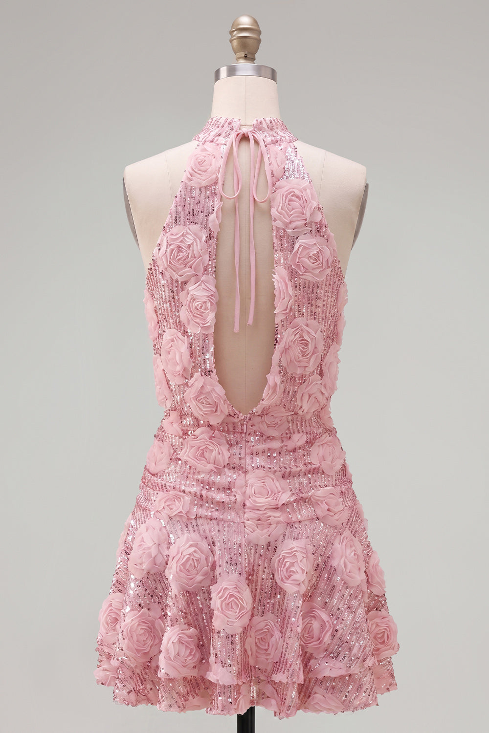 Sparkly Pink Sequin A Line Floral Short Homecoming Dress with Ruffles