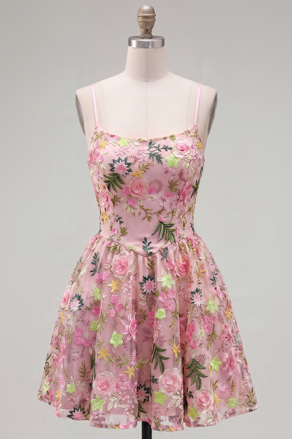 Pink Short Floral Spaghetti Straps A Line Homecoming Dress with Pockets