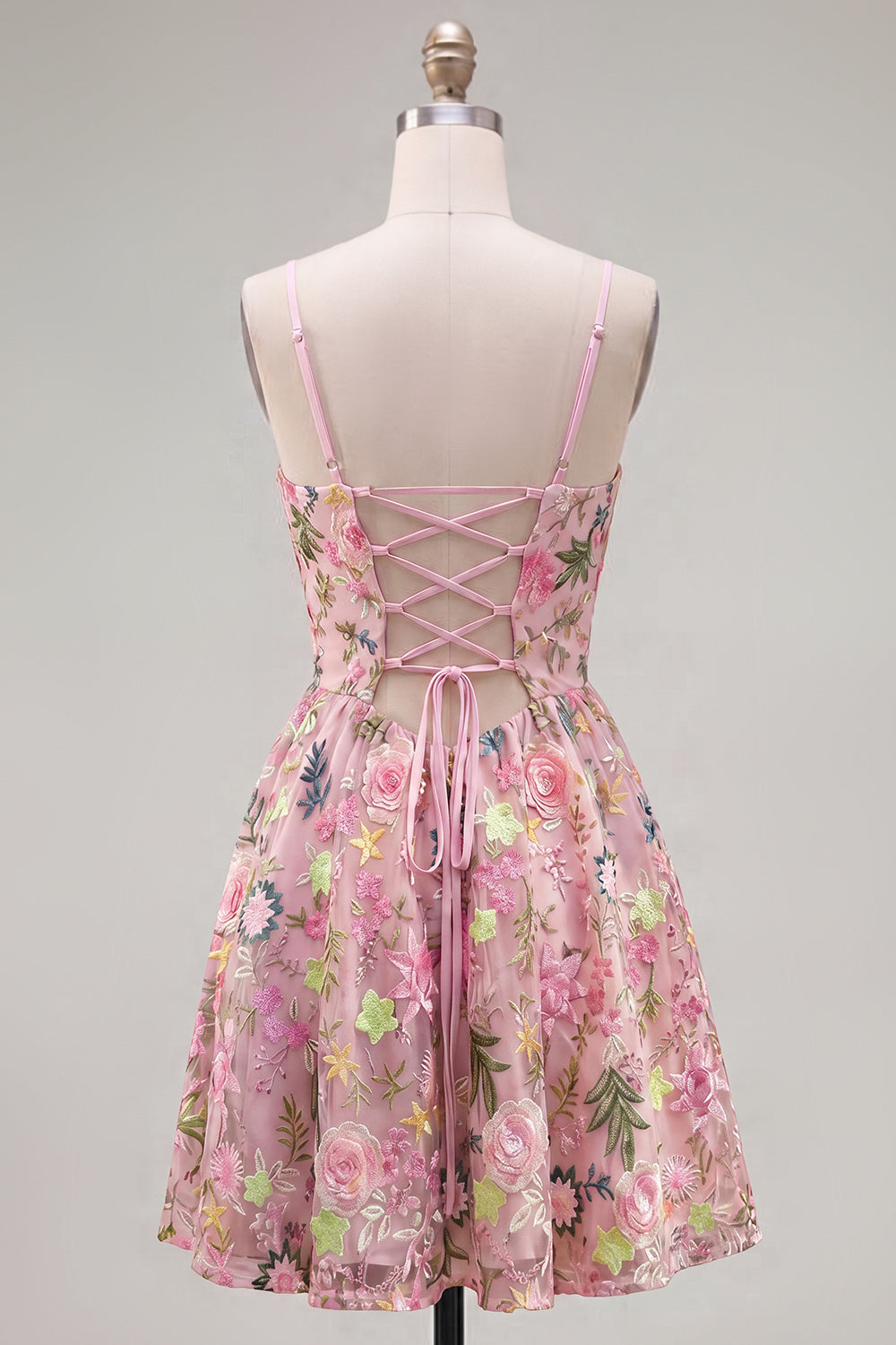 Pink Short Floral Spaghetti Straps A Line Homecoming Dress with Pockets