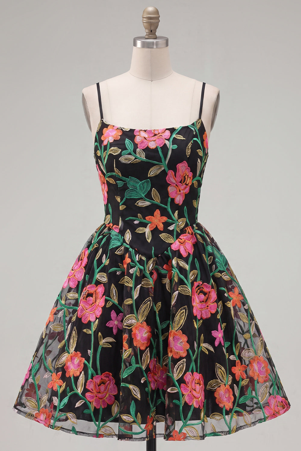 Black Red A Line Spaghetti Straps Flower Short Homecoming Dress