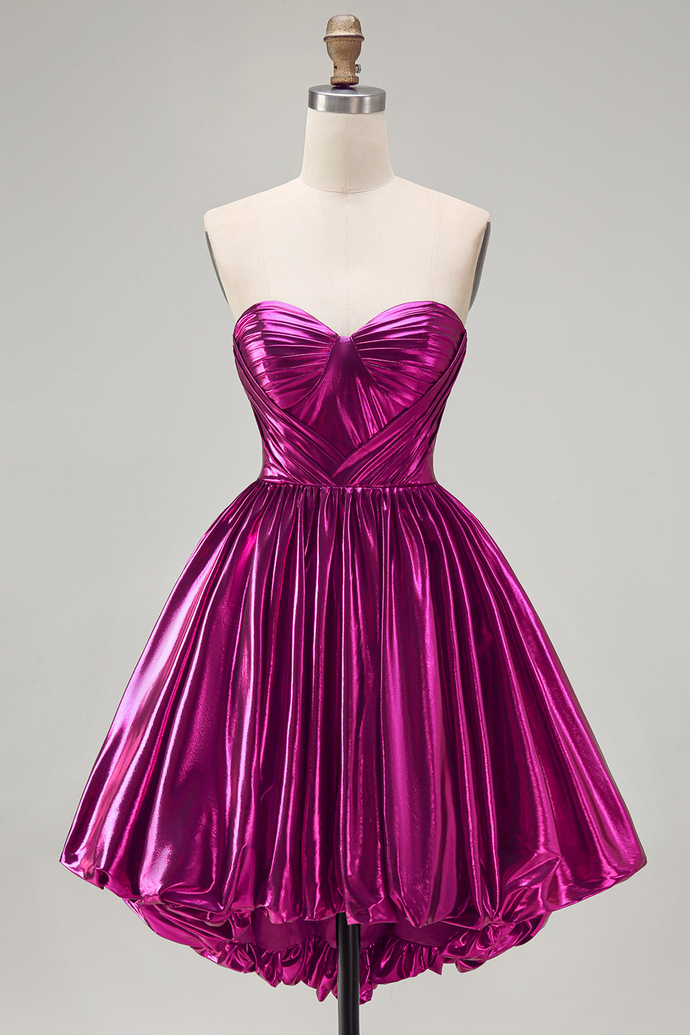 Fuchsia Ruched Metallic High-Low 80s Homecoming Dress with Pockets