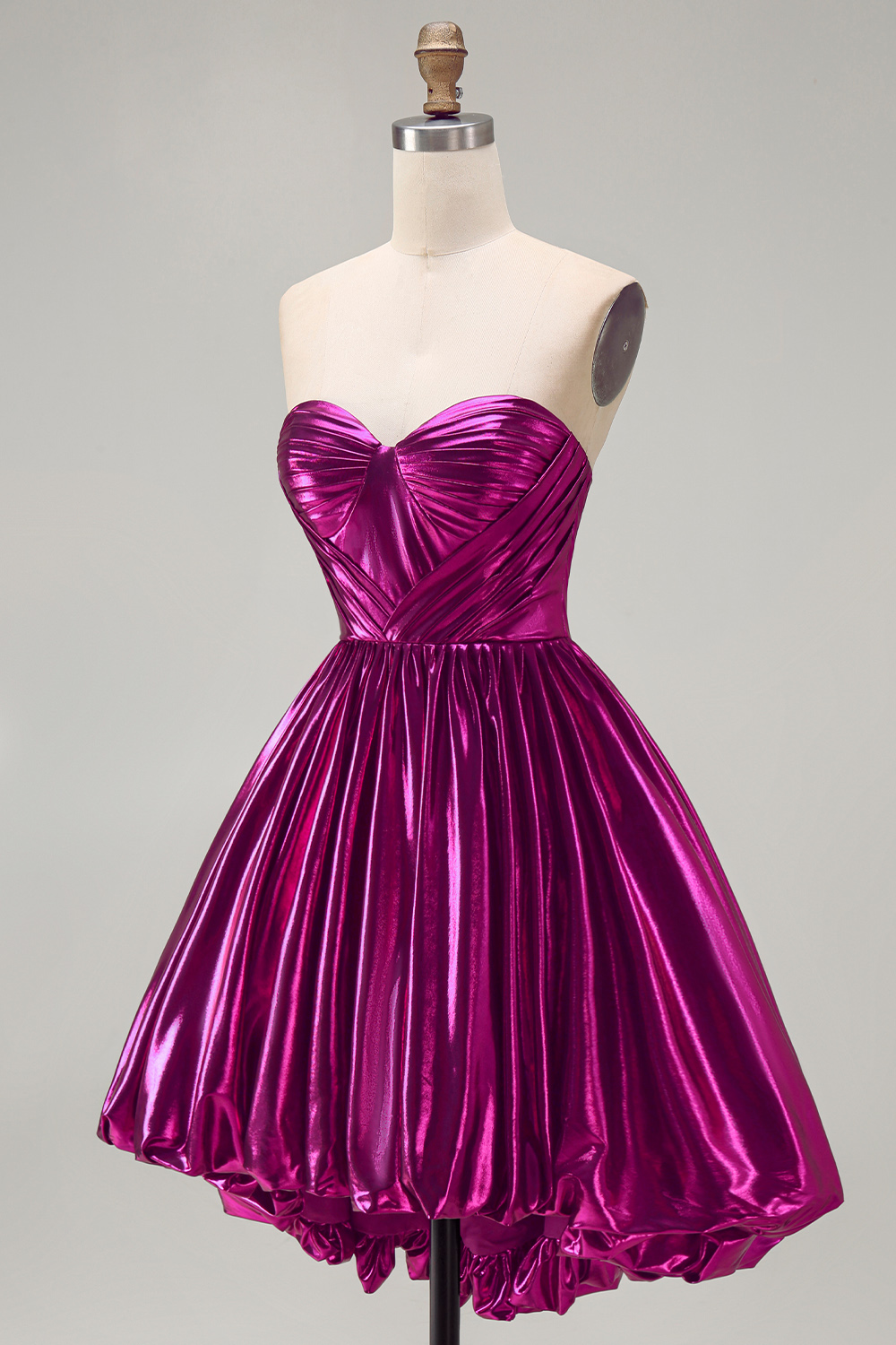 Fuchsia Ruched Metallic High-Low 80s Homecoming Dress with Pockets