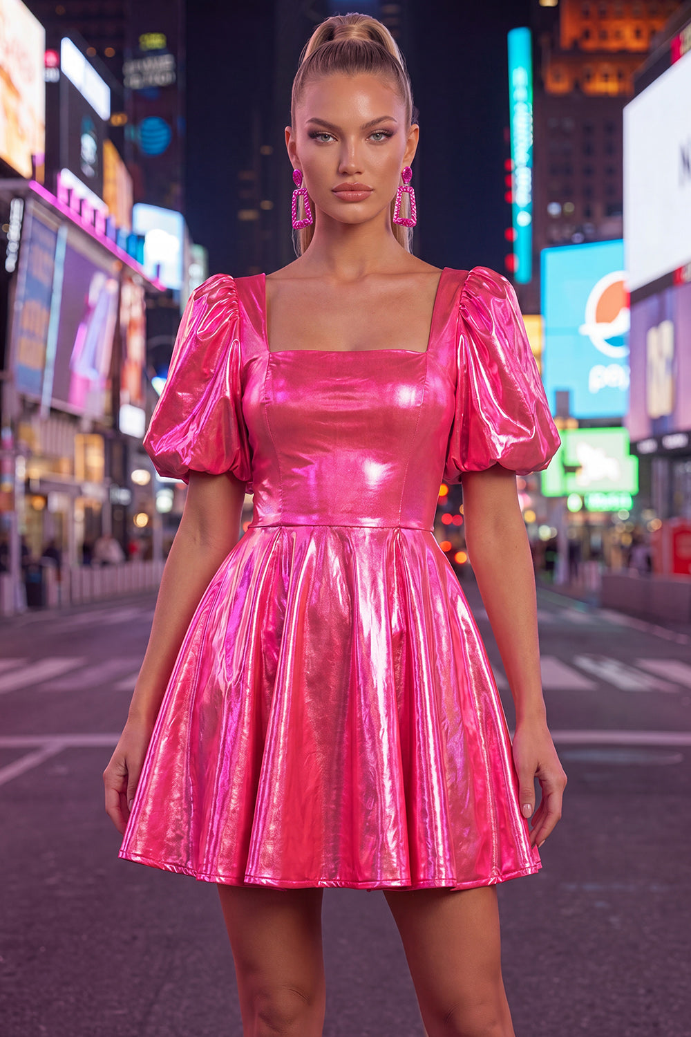 Hot Pink Metallic A-Line Short 80s Homecoming Dress with Sleeves