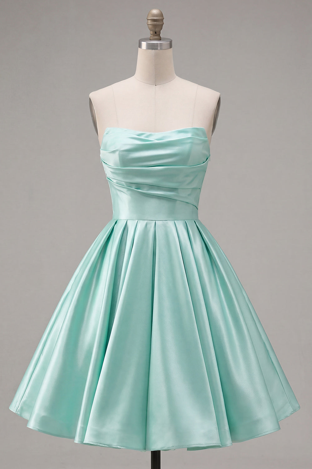 Navy Ruched Strapless A-Line Satin Short 80s Homecoming Dress