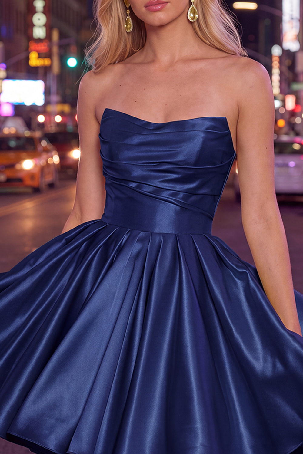 Navy Ruched Strapless A-Line Satin Short 80s Homecoming Dress