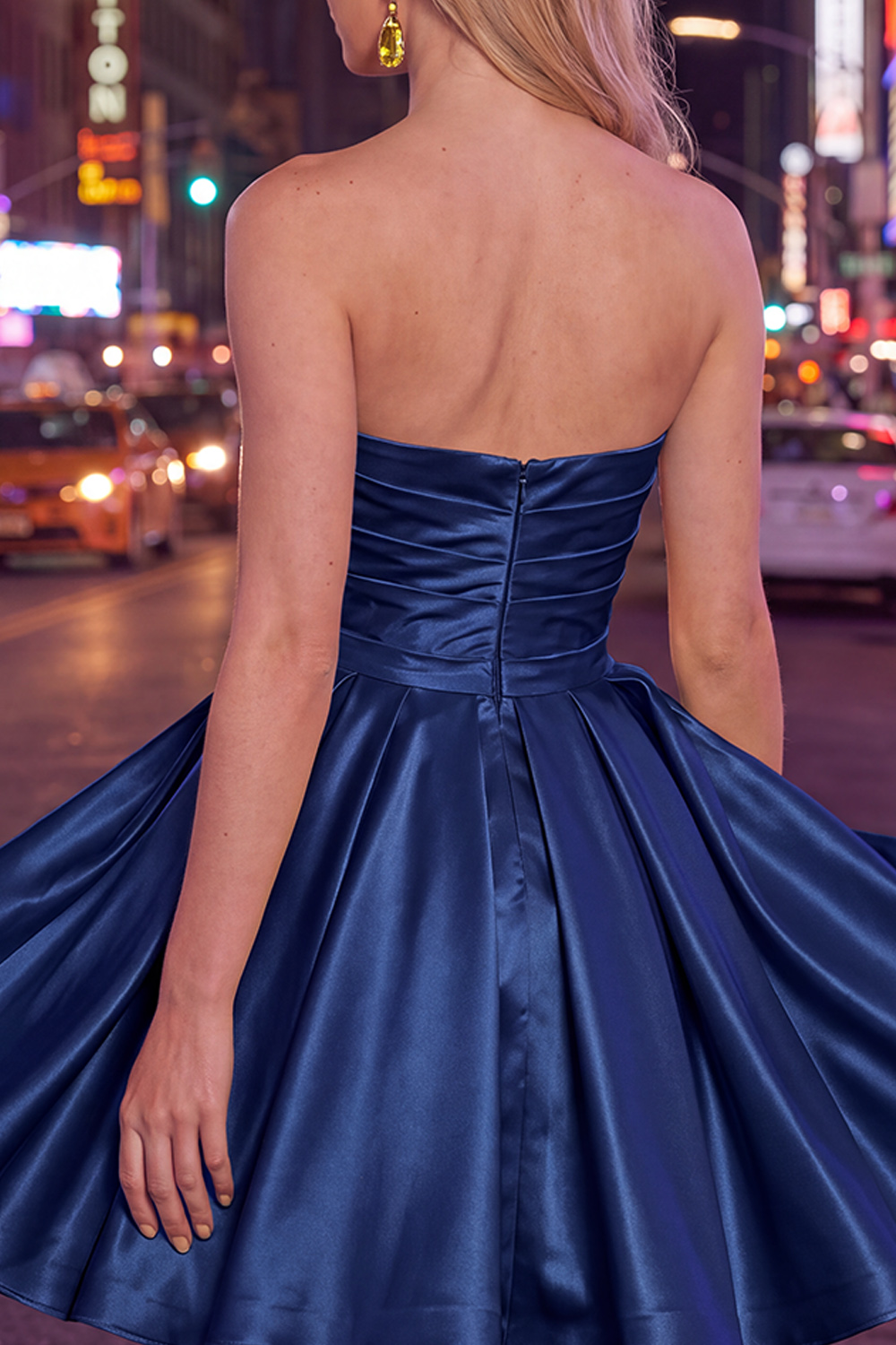 Navy Ruched Strapless A-Line Satin Short 80s Homecoming Dress